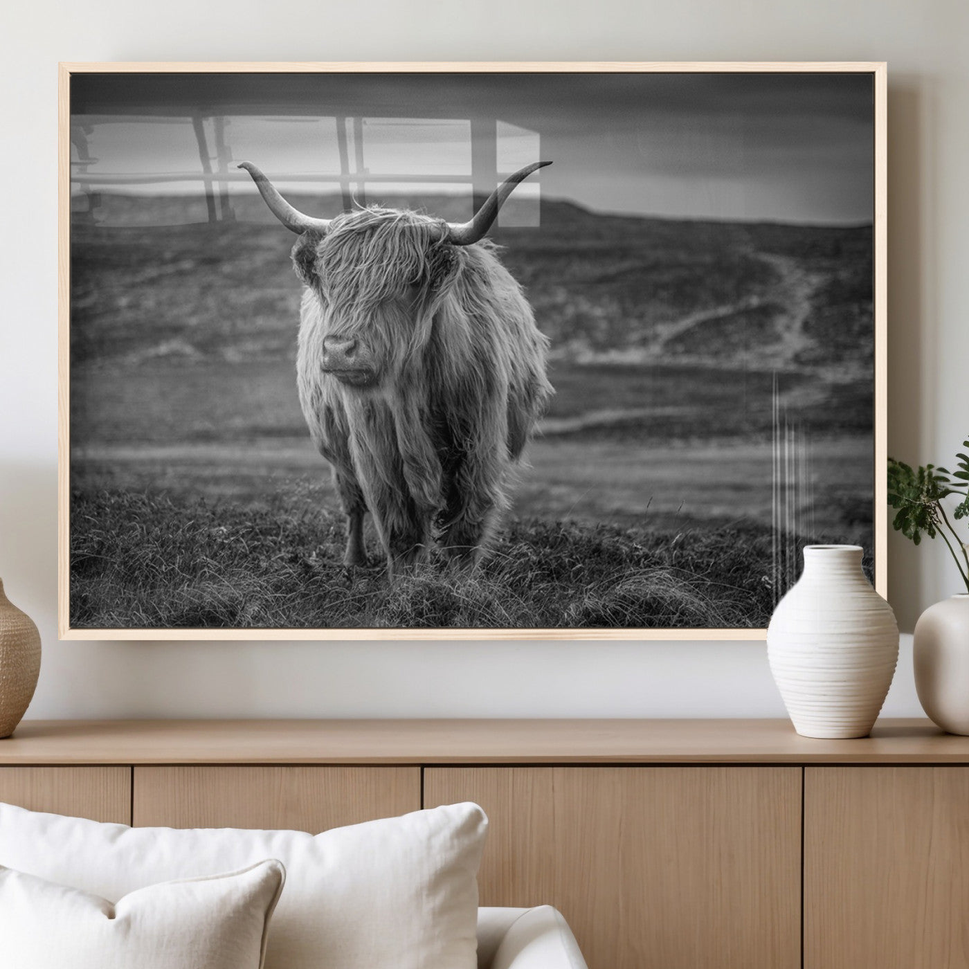 MGV-FP-60X30-3P - Fluffy Cattle Wall Art Print, Highland Cow Canvas, Framed Black and white Wall Art