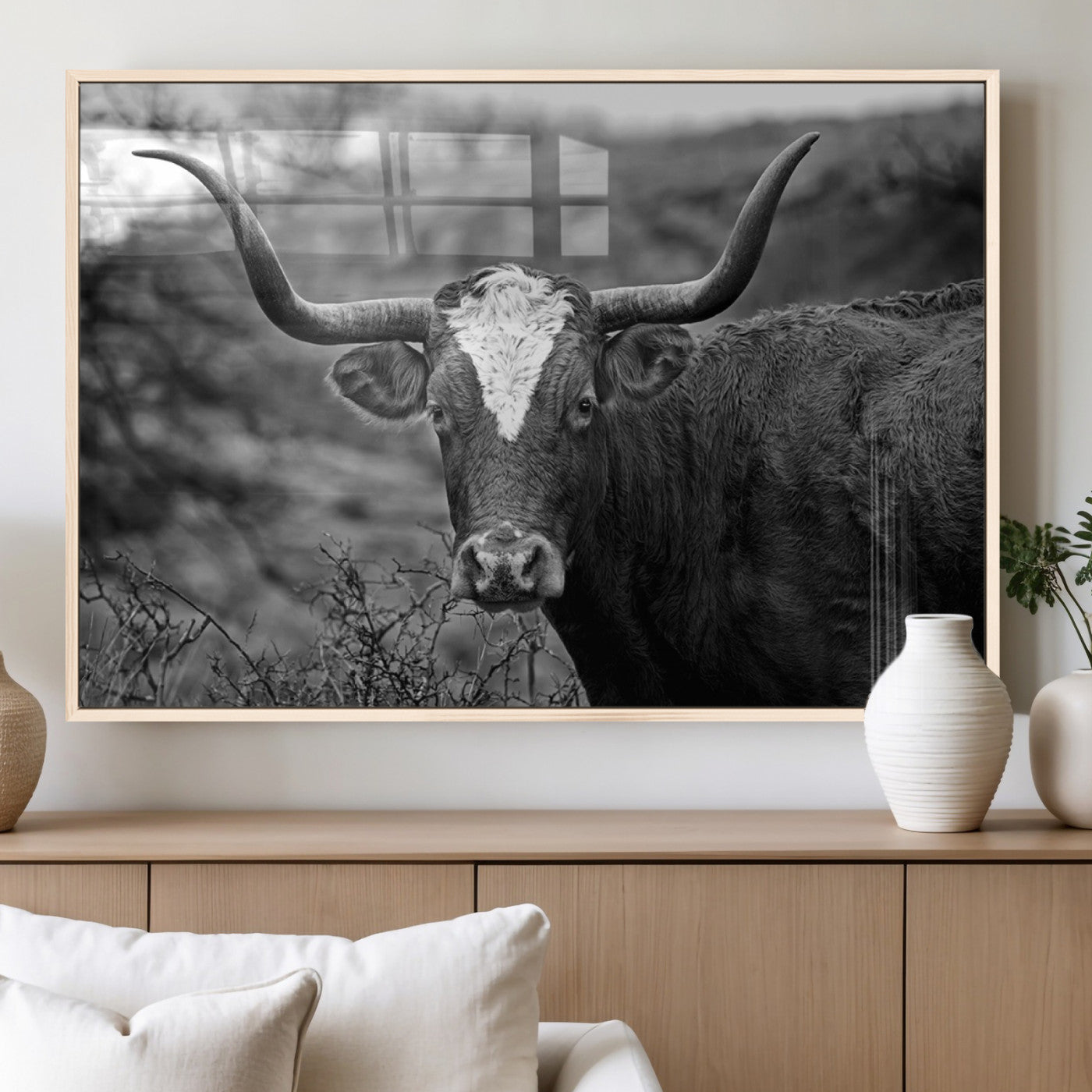MGV-FP-60X30-3P - Western Home Wall Art Canvas Print, Framed Texas Longhorn Art Picture Print, Rustic Cow Perfect Rustic Farmhouse Decor Artwork