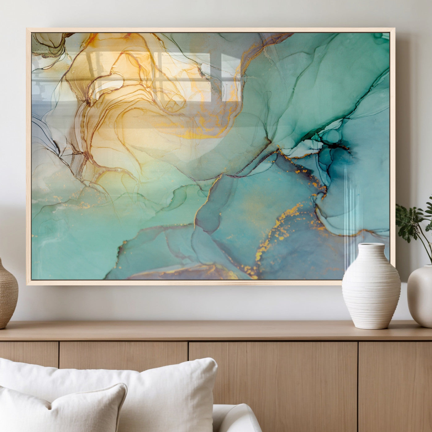 MGV-FP-60X30-3P - Abstract Aqua and Gold Fluid Wall Art Canvas | 3 Panel Large Canvas Print for Living Room, Office,