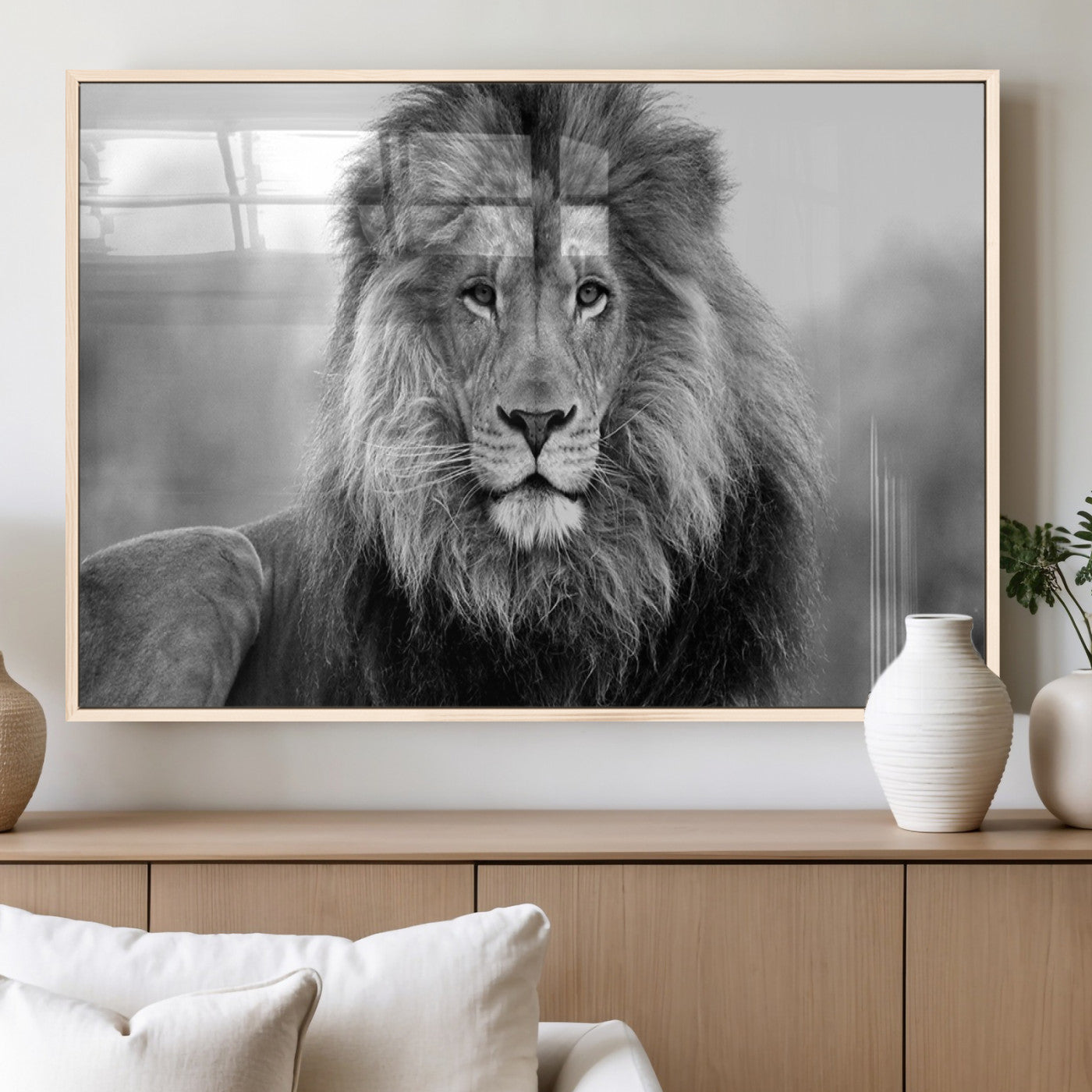 MGV-FP-60X30-3P - Black and White Lion Canvas Wall Art Animal Print
