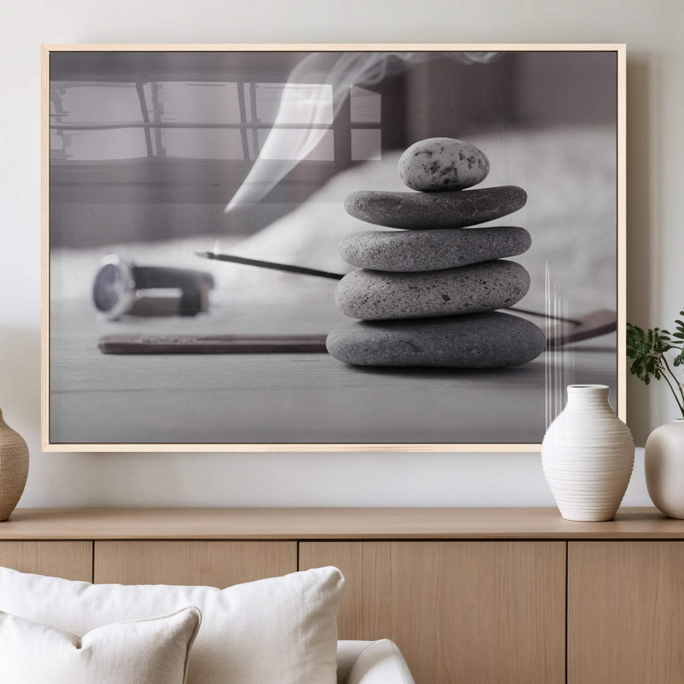 MGV-FP-60X30-3P - Burning Incense and Zen Stones Buddhism Wall Art, Zen Stones Wall Art Canvas Print