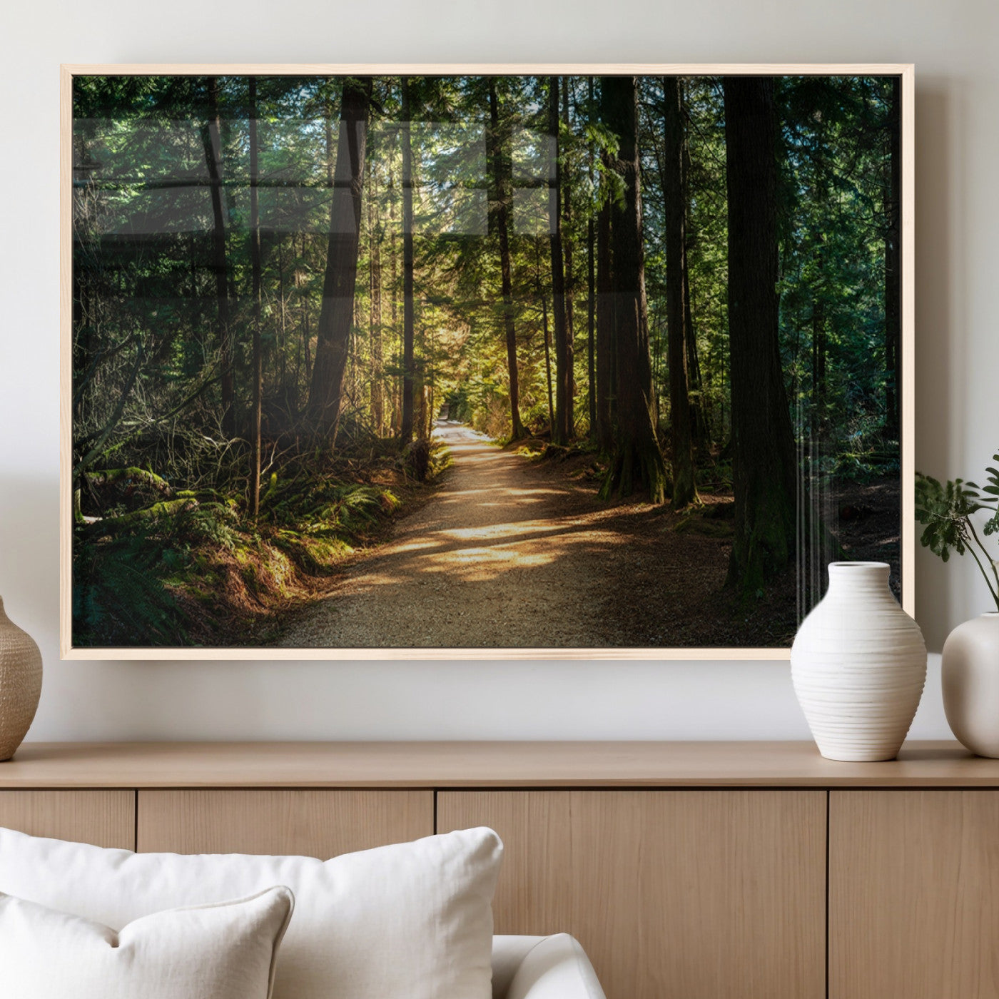 MGV-FP-60X30-3P - Sunlit Forest Pathway Canvas Print | 3 Panel Large Nature Wall Art for Living Room, Office, or