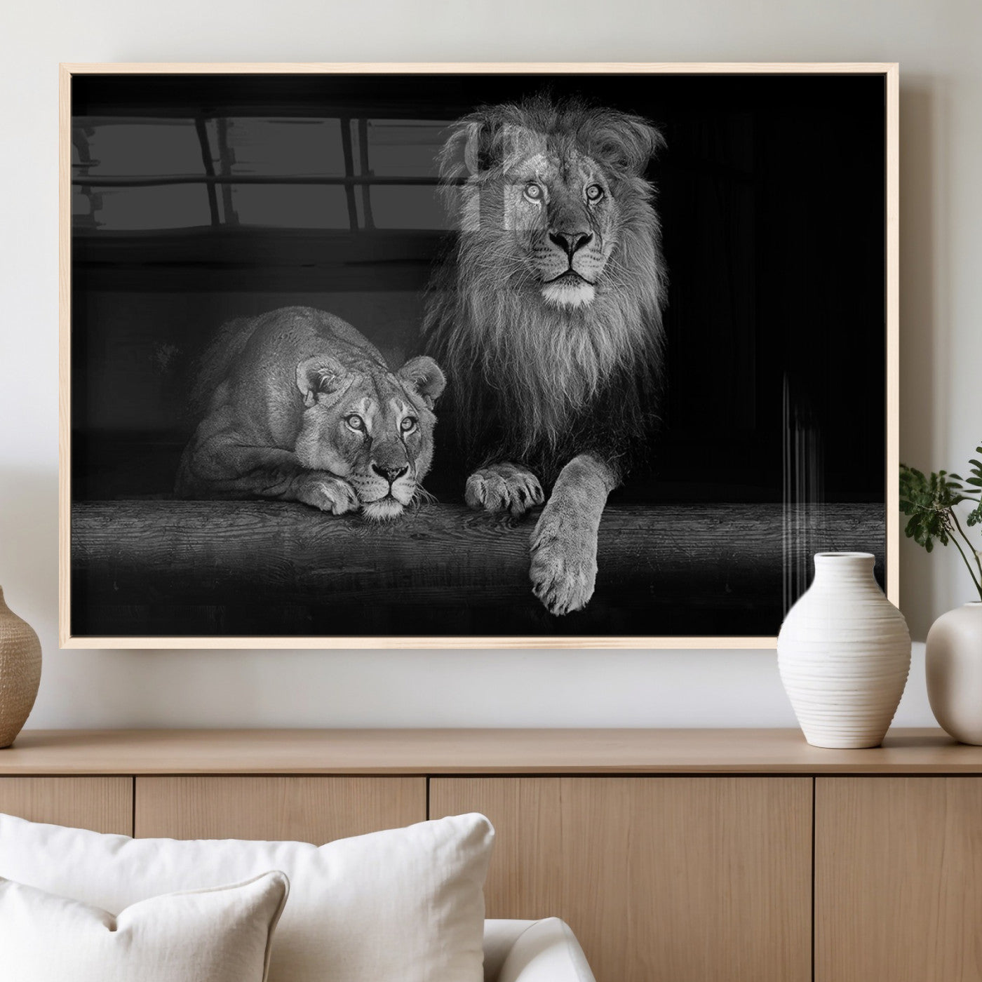 MGV-FP-36X24-3P - Large Black and White Lion Couple Wall Art Canvas Print