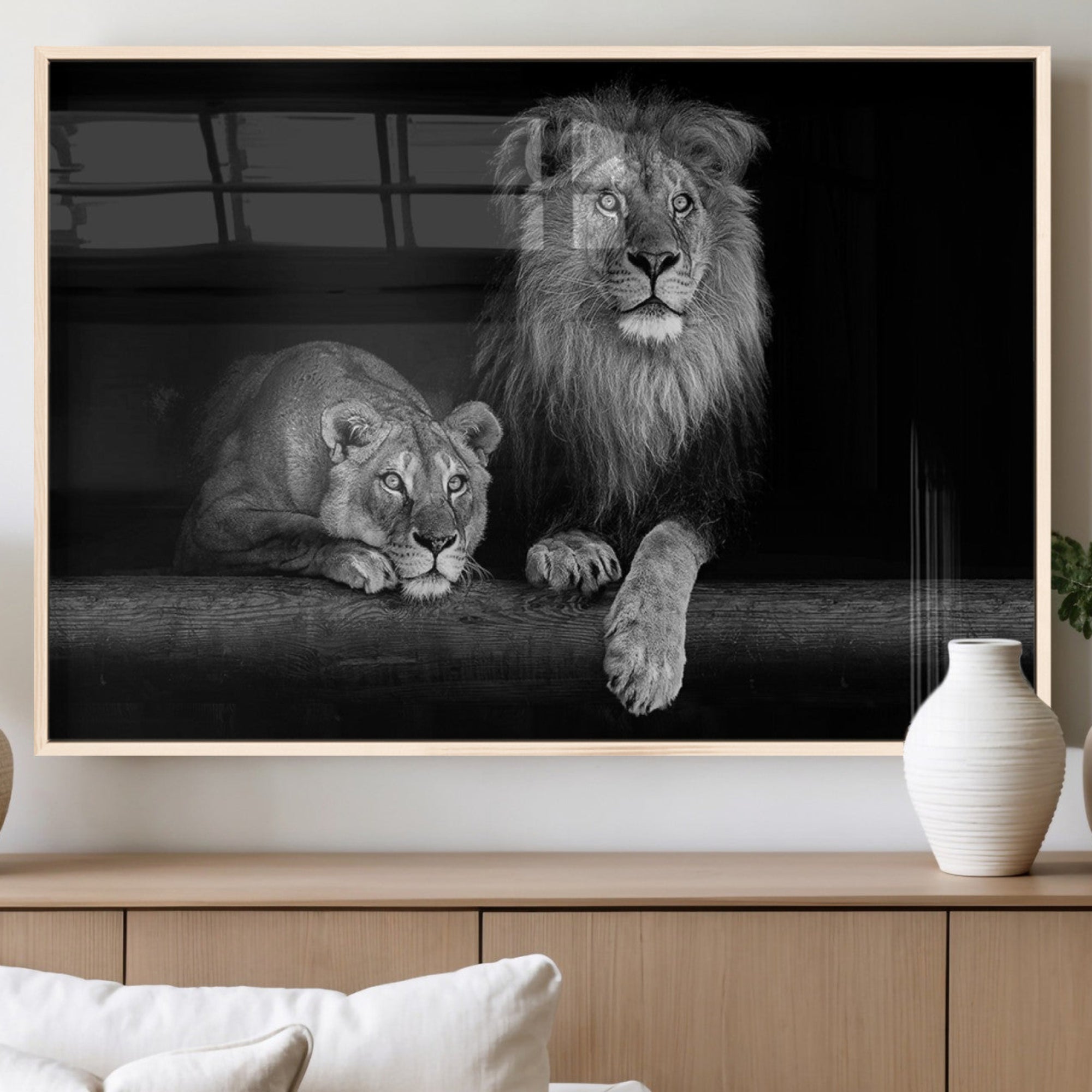 83601-MGV-FP-36X24-3P_Natural-Large Black and White Lion Couple Wall Art Canvas Print – Framed Wildlife Photography Artwork for Home, Office