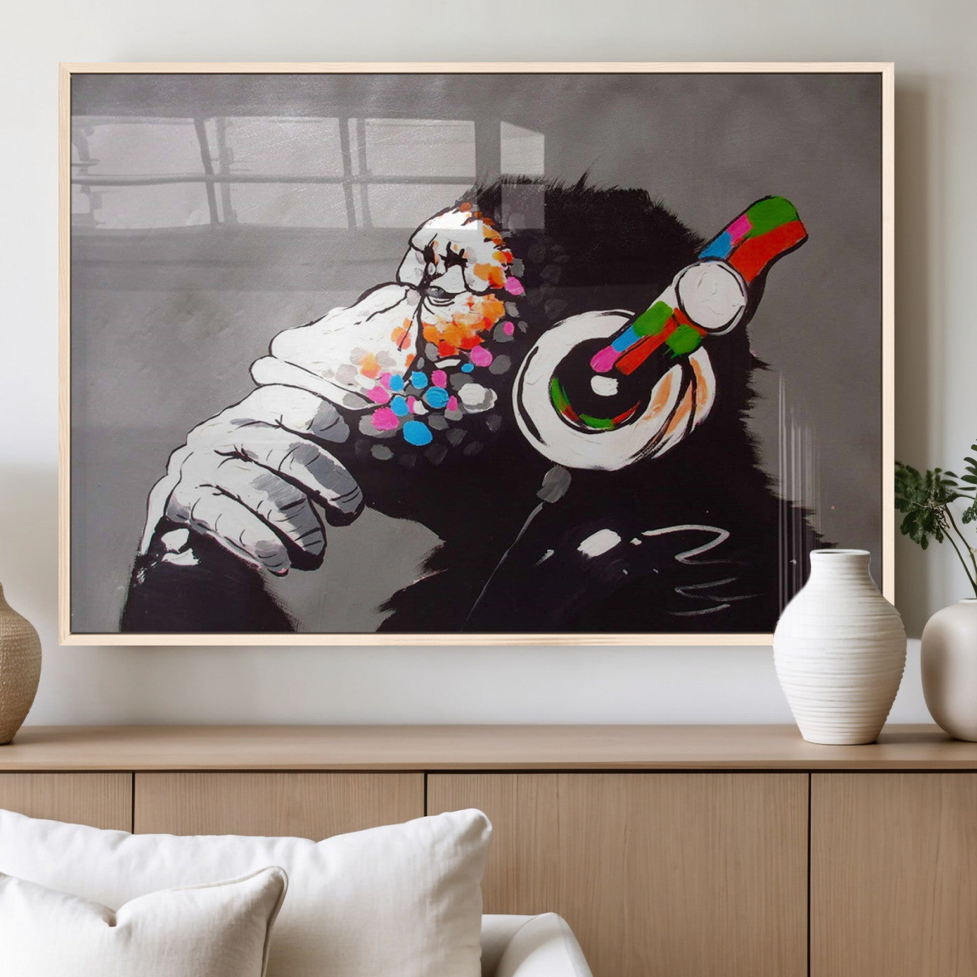 MGV-FP-60X30-3P - Dj Monkey Listening to Music Wall Art Print | Banksy Monkey Large Canvas Print for Living Room,