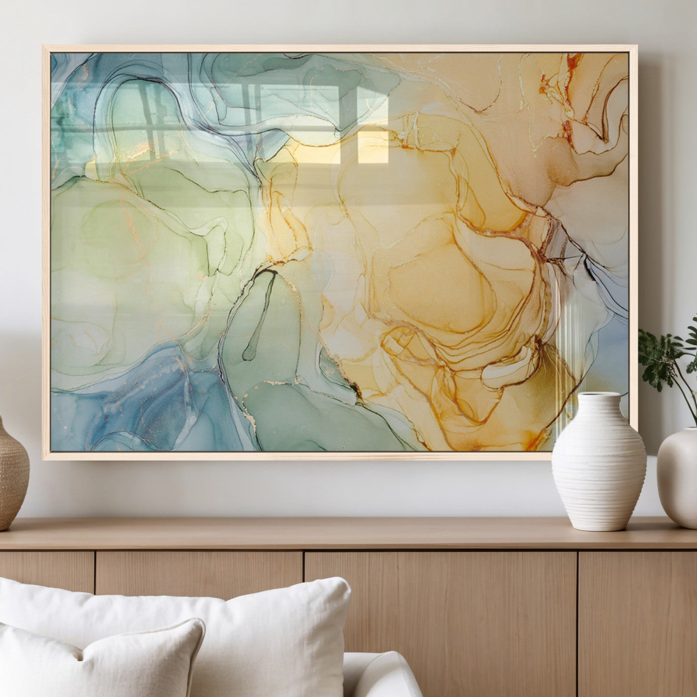 MGV-FP-60X30-3P - Green and Yellow Marble Fluid Effect Wall Art, Green and Yellow Marble Canvas Wall Art Print