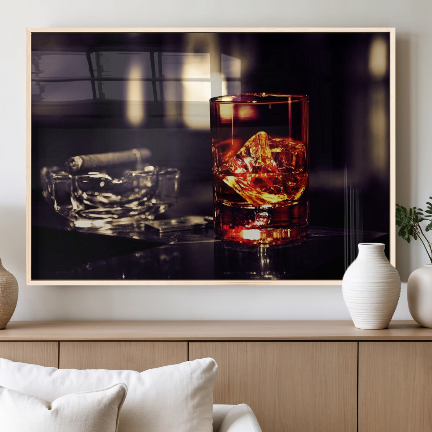 MGV-FP-60X30-3P - Whiskey and Cigar Canvas – Luxurious Wall Art for Home or Bar – Glass and Cigar Scene Print Canvas