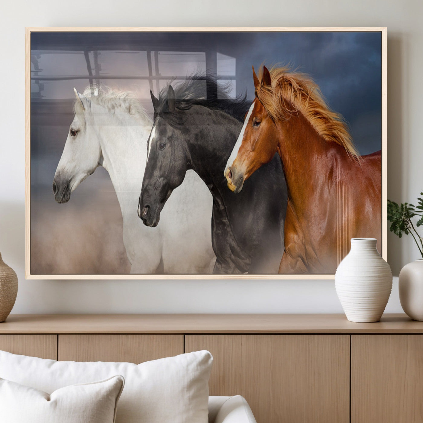 MGV-FP-60X30-3P - Animal Wall Art Three Horses Farmhouse Art Canvas, Framed Three Horses Canvas Print