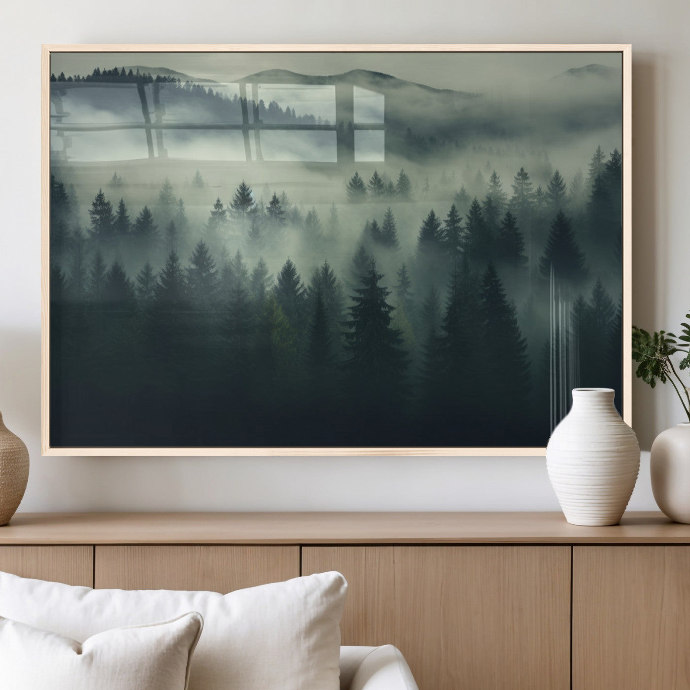 MGV-FP-60X30-3P - Misty Forest Wall Art Premium Canvas Print a Foggy and Serene Atmosphere