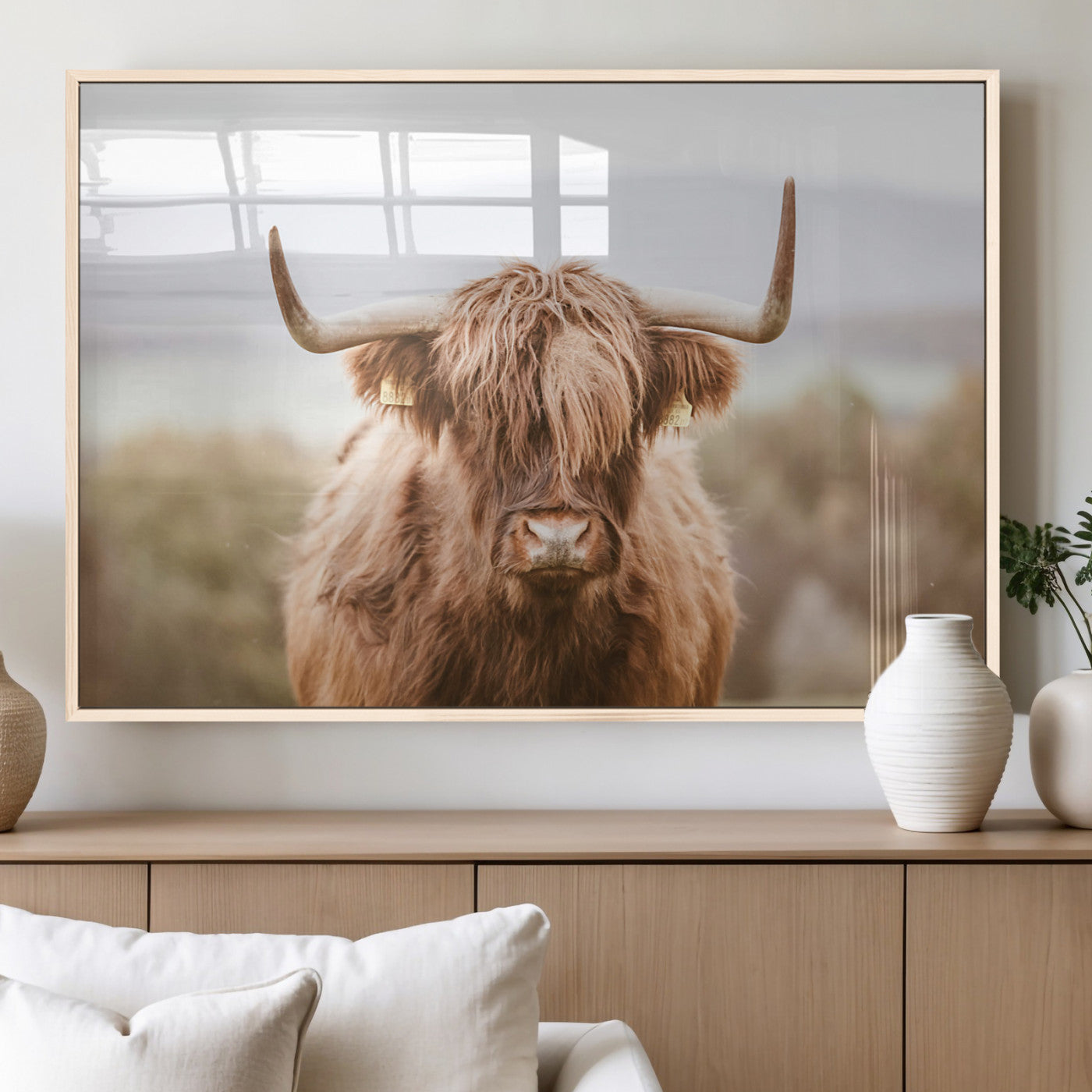 MGV-FP-60X30-3P - Scottish Serene Highland Cow Canvas Wall Art – Serene Highland Cow in Natural Pastel Tones – Ready