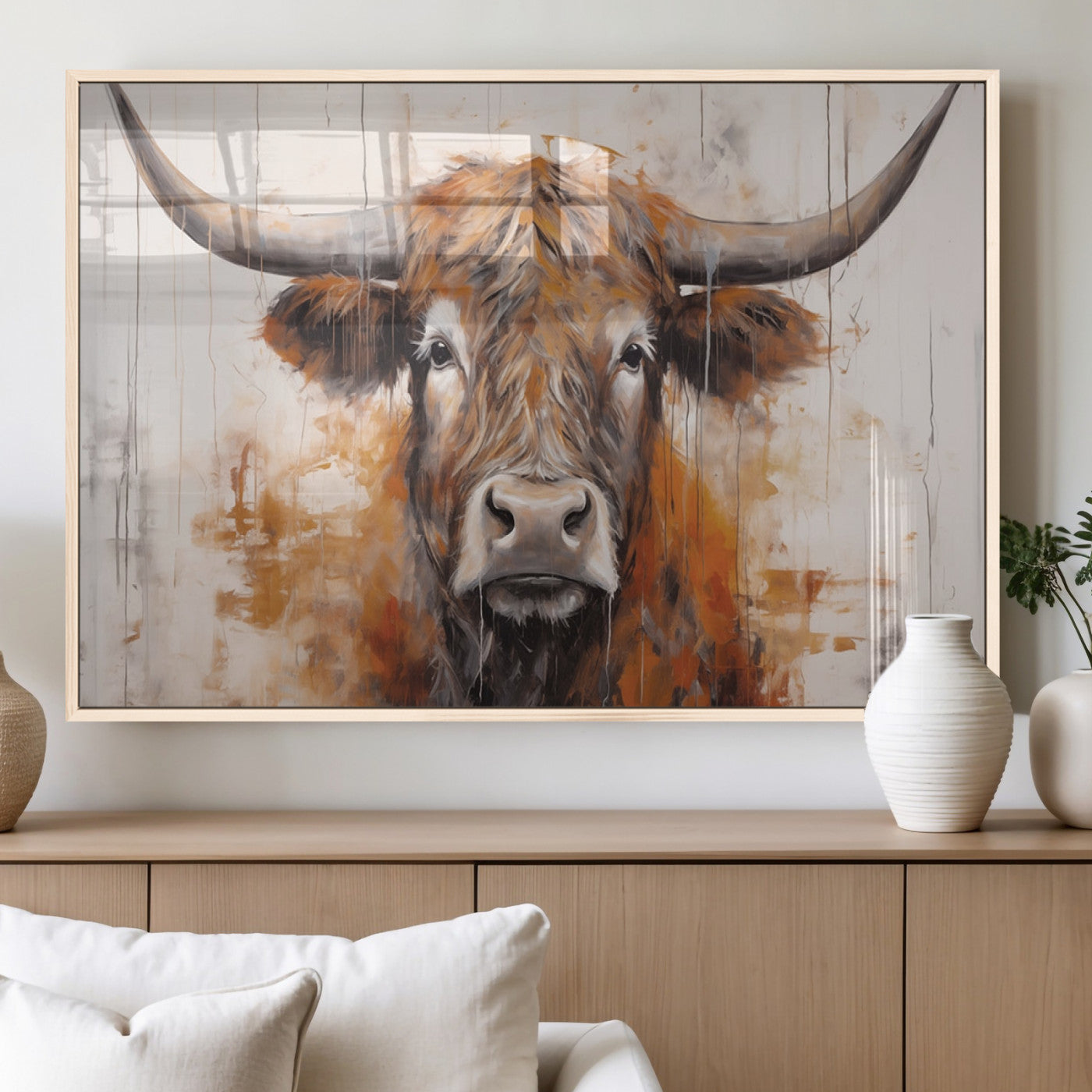48622-MGV-FP-36X24-3P_Natural-Vintage Scottish Highland Cow Cattle Art, Scottish Highland Cow Wall Art Print, Farmhouse Wall Art