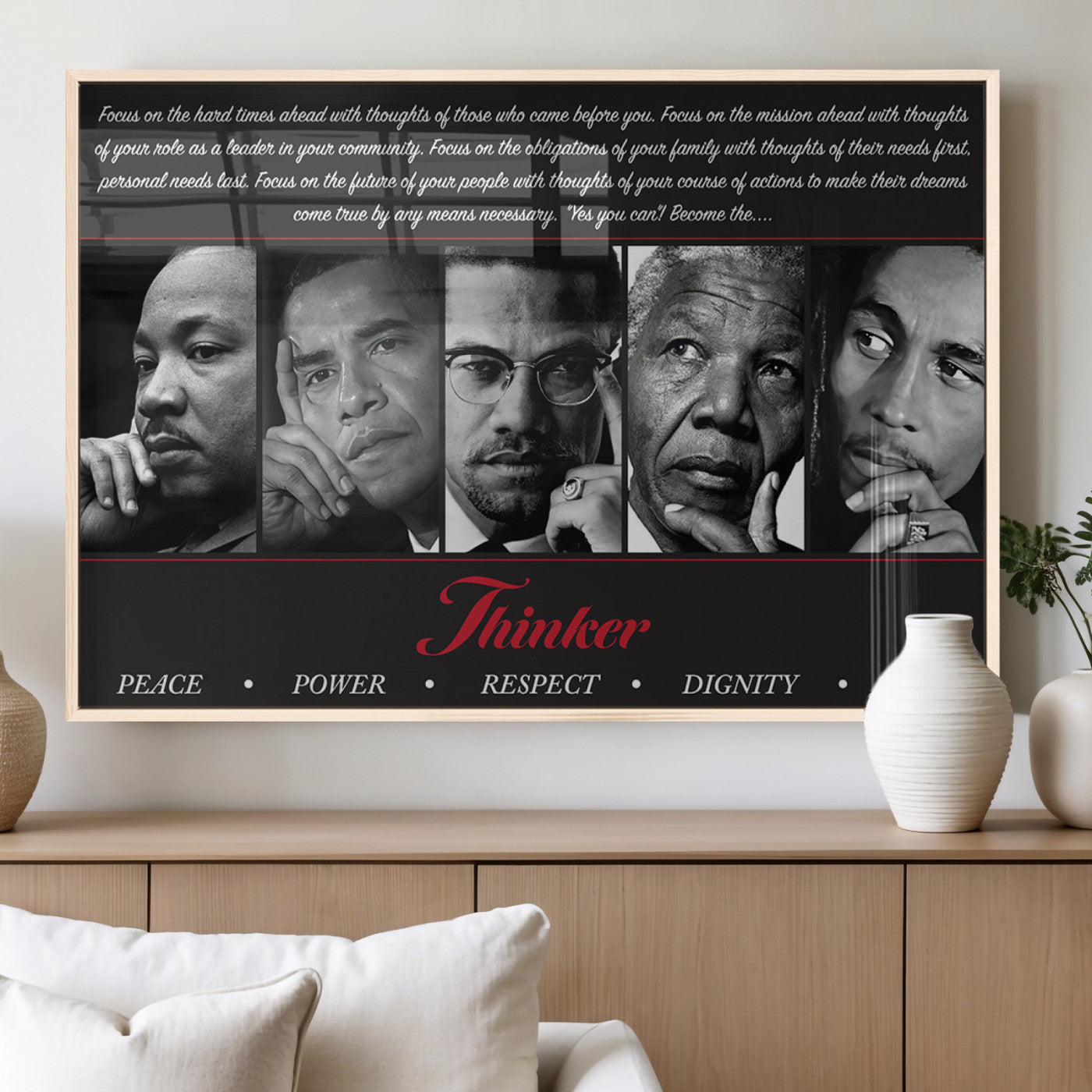 MGV-FP-36X24-3P - Thinker Quintet Canvas Wall Art – Martin, Obama, Malcolm X, Mandela, Marley Featuring Peace, Power,