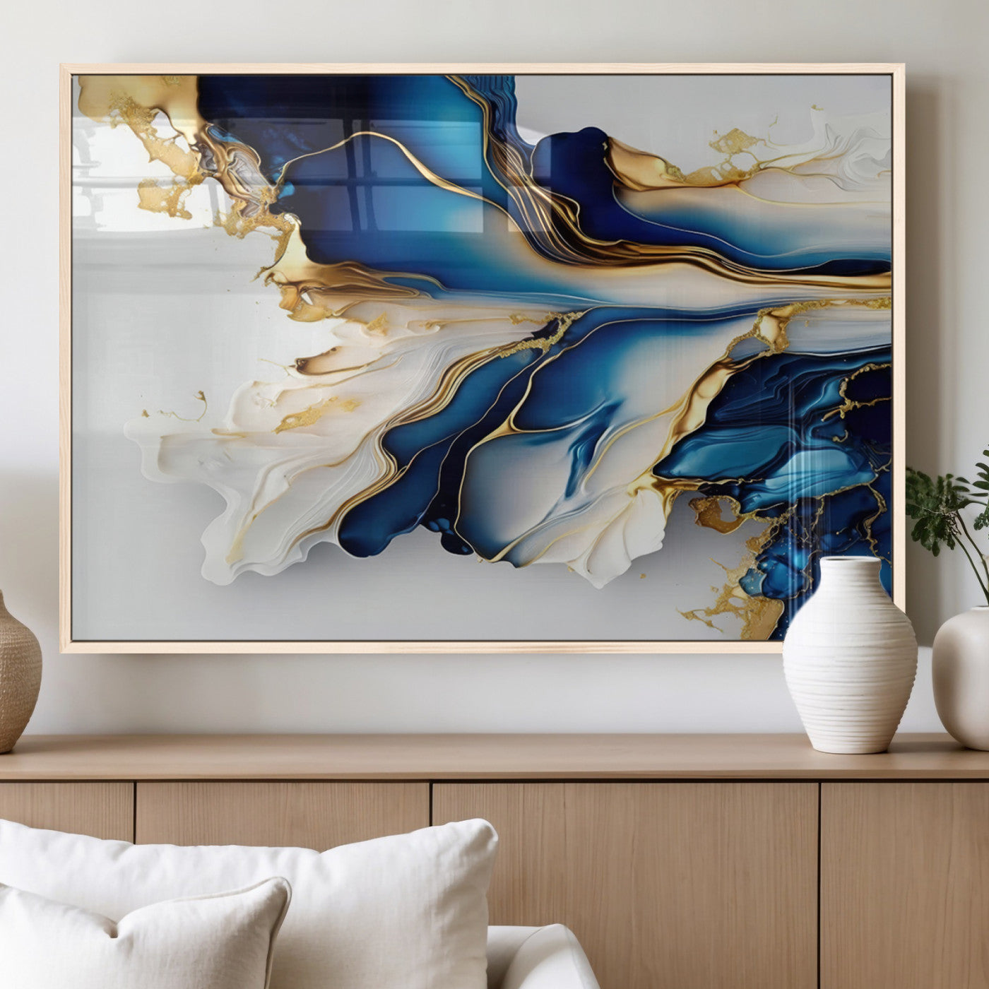 MGV-FP-60X30-3P - Gold Marble Art - Abstract Geode Gold And Blue Marble Shape 3 Pieces Wall Art Canvas Print