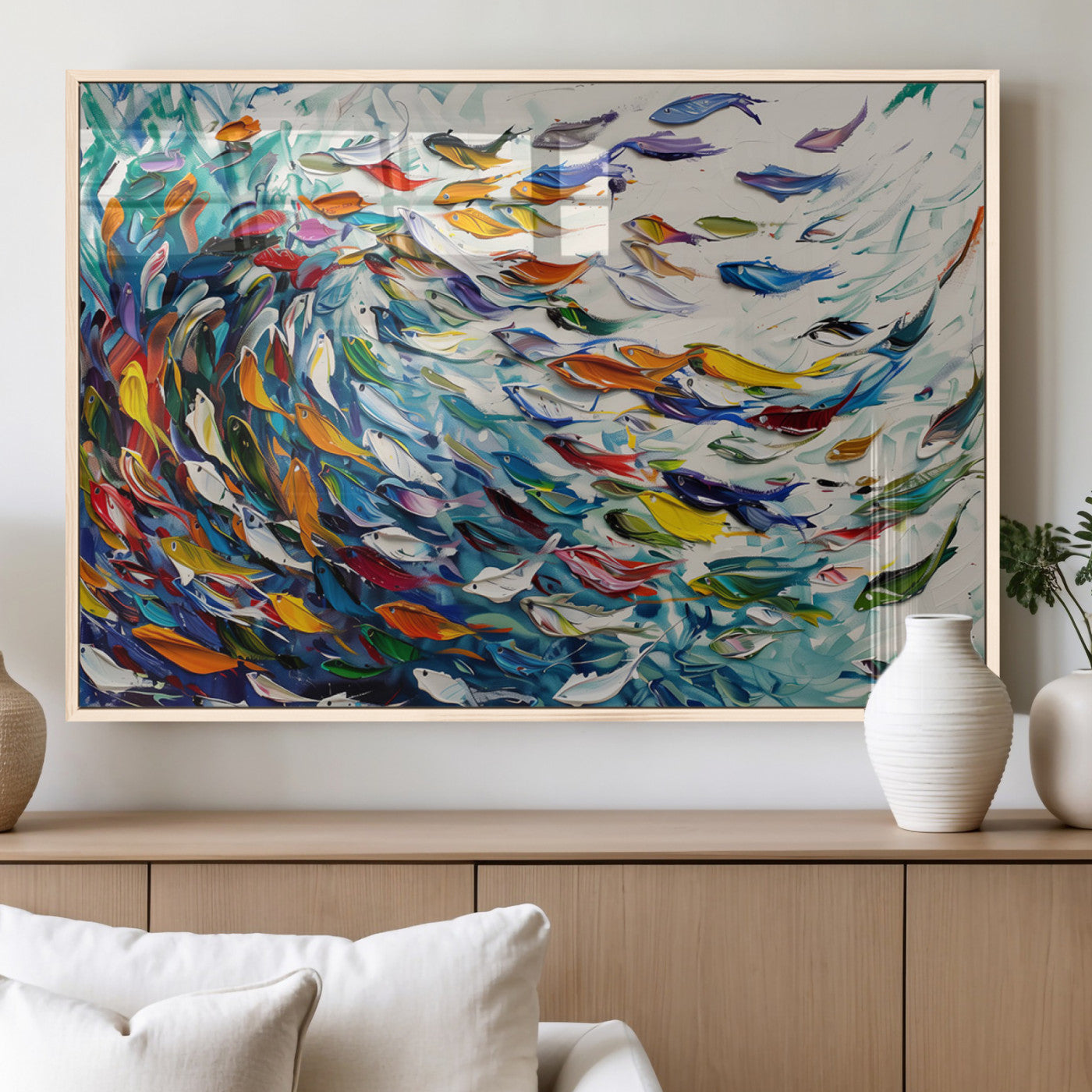 MGV-FP-60X30-3P - Modern Abstract Fish Shoal Wall Art Canvas Print, Colorful Fish Herd Painting on Canvas Print, Ocean