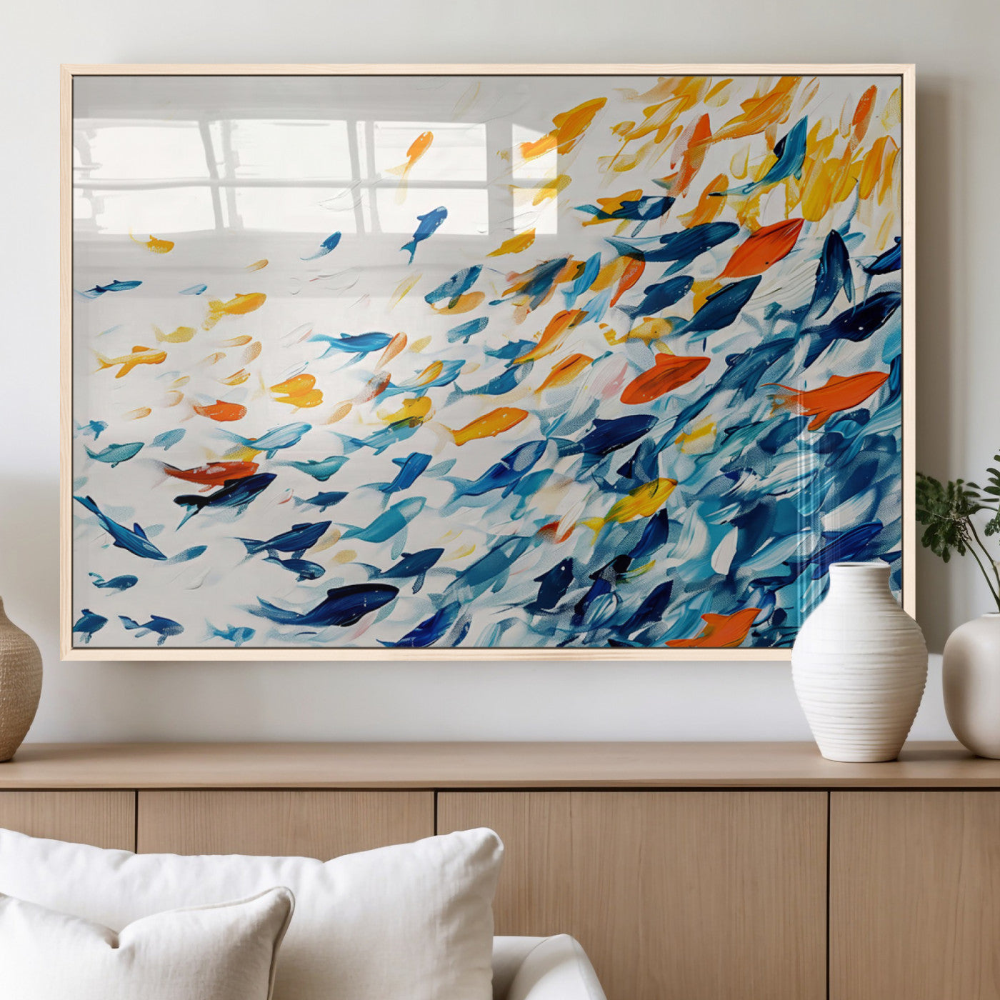MGV-FP-60X30-3P - Abstract Fish Shoal Wall Art Canvas Print, Colorful Fish Herd Painting on Canvas Print, Ocean Animal