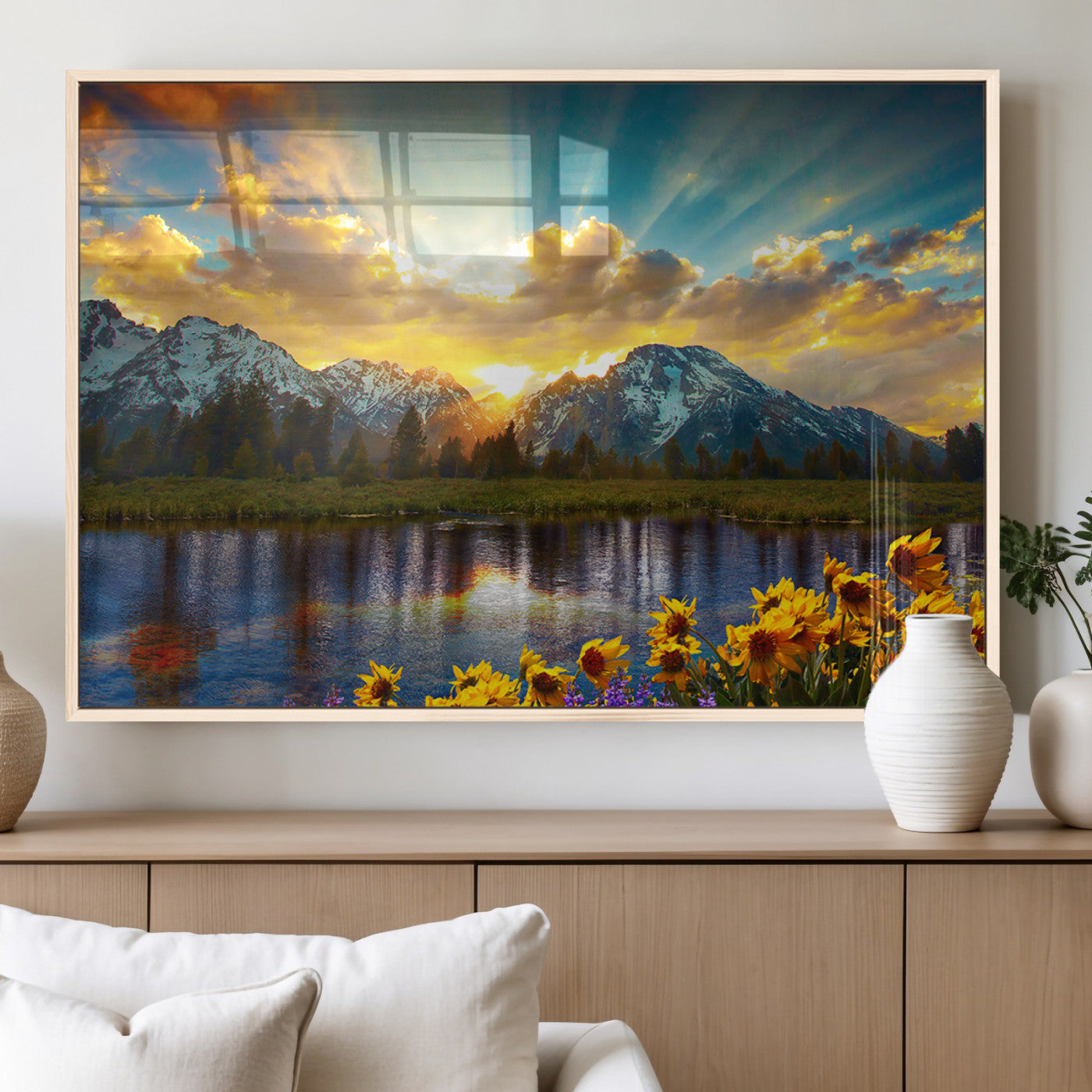 MGV-FP-60X30-3P - Grand Teton Park Amazing Mountain Landscape Sunset Wall Art Canvas Print