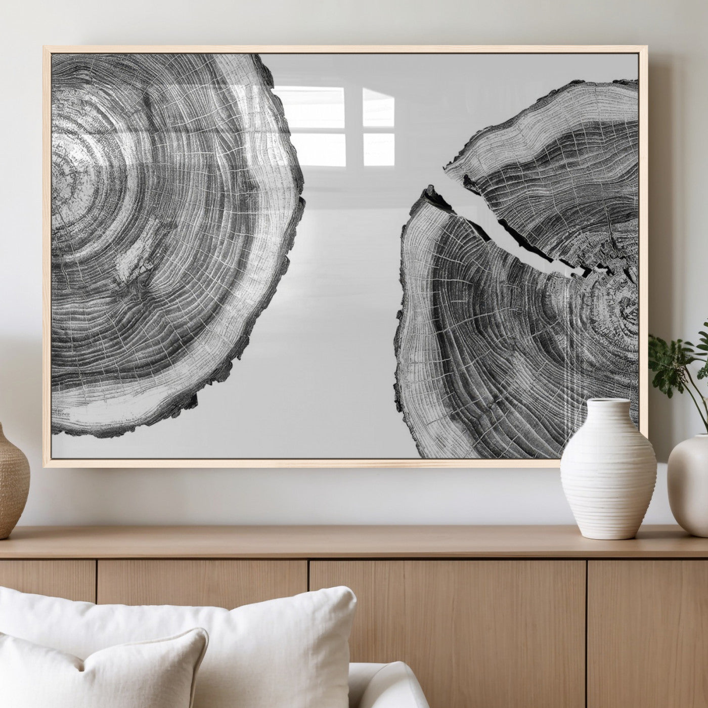 MGV-FP-60X30-3P - Abstract Large Tree Rings – Minimalist Black and White Wood Art | Triptych Canvas, Modern Wall Decor