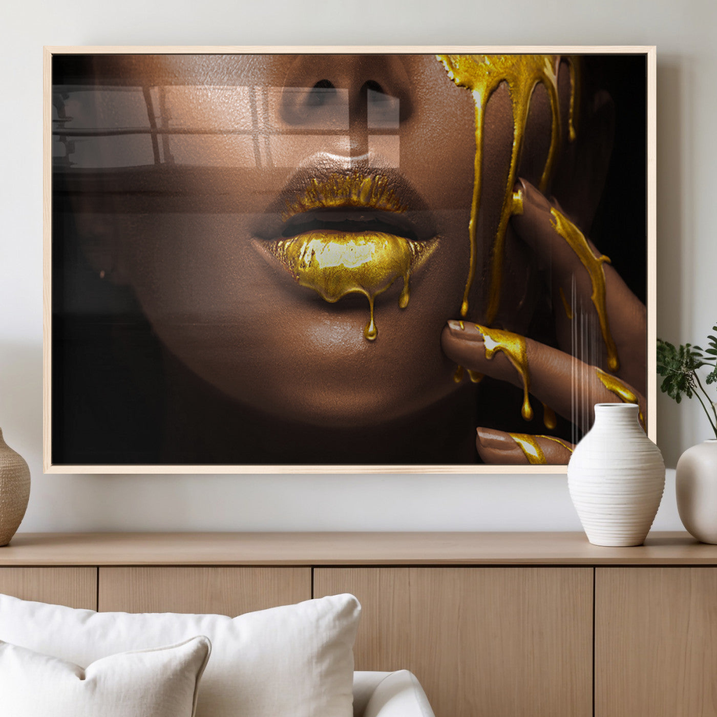 MGV-FP-60X30-3P - African American Art Black Woman Canvas Print, African Wall Art, Fashion African Woman Gold Lips