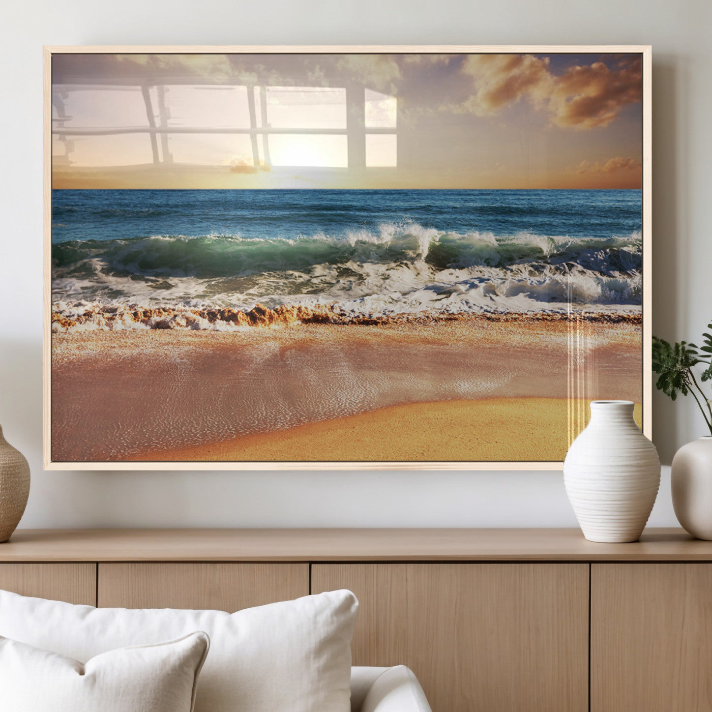 MGV-FP-60X30-3P - Sunset Beach Wall Art - 3-Panel Framed Canvas Print, Ready to Hang Ocean Sunset for Coastal and