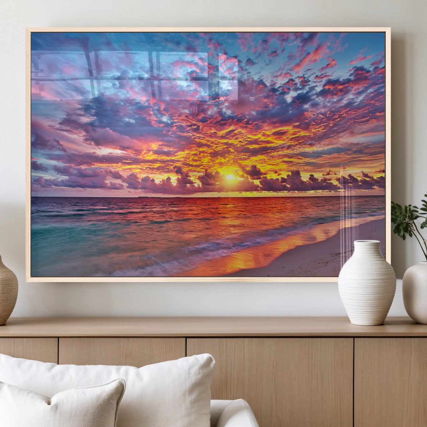 MGV-FP-60X30-3P - Vibrant Sunset Beach Wall Art - Ocean Sunset Canvas Print | Coastal Wall Art Decor Stunning Sunset