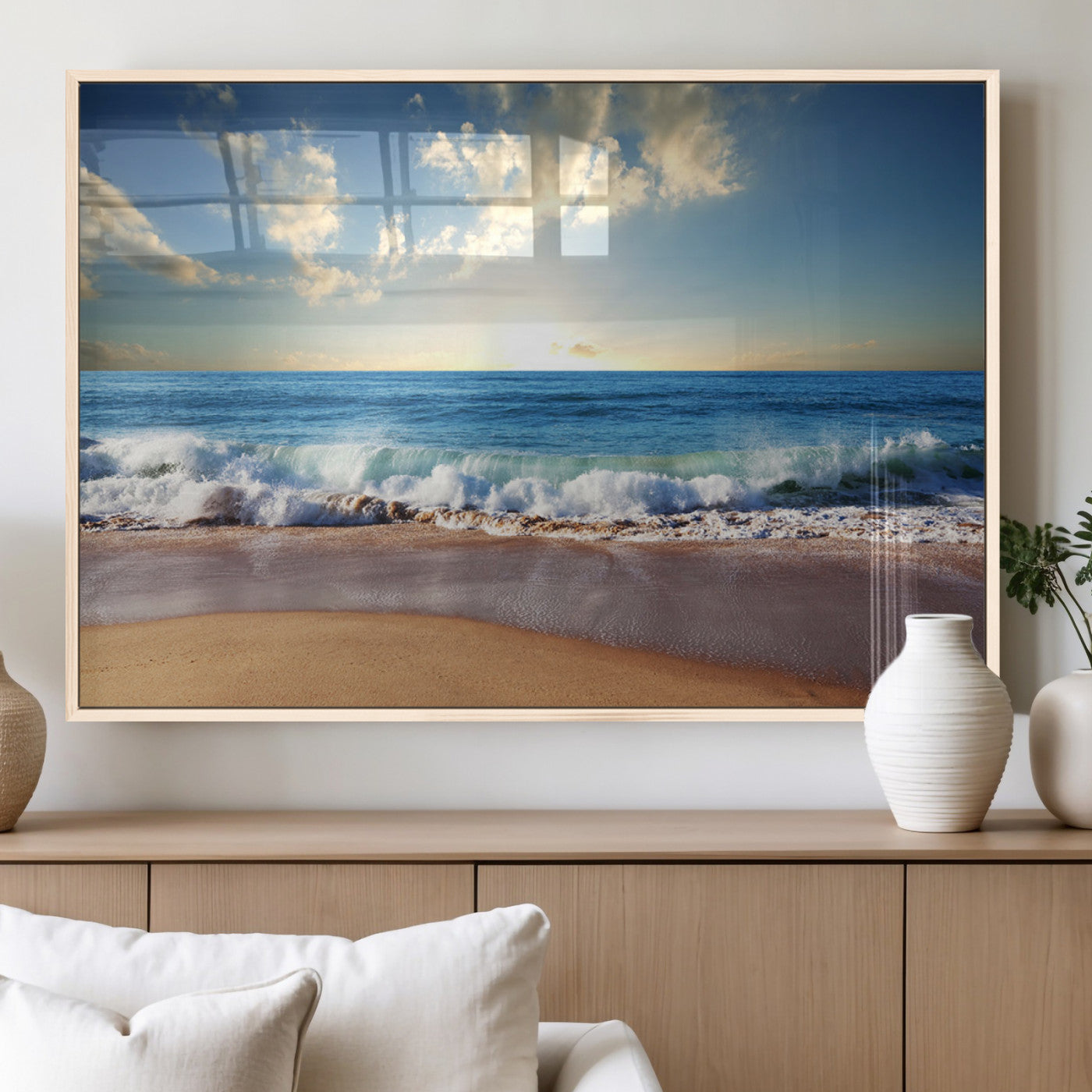 MGV-FP-60X30-3P - Serene Ocean Sunset Canvas Wall Art - Beach Waves at Sunset, Ready to Hang