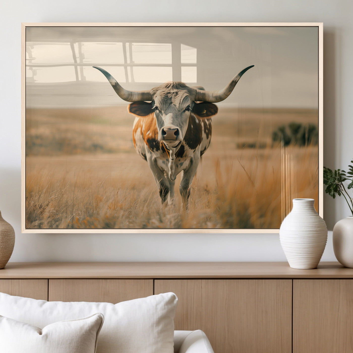 MGV-FP-60X30-3P - Texas Cow Wall Art Canvas Print for Farm House Wall Decor, Farmhouse Wall Art Print