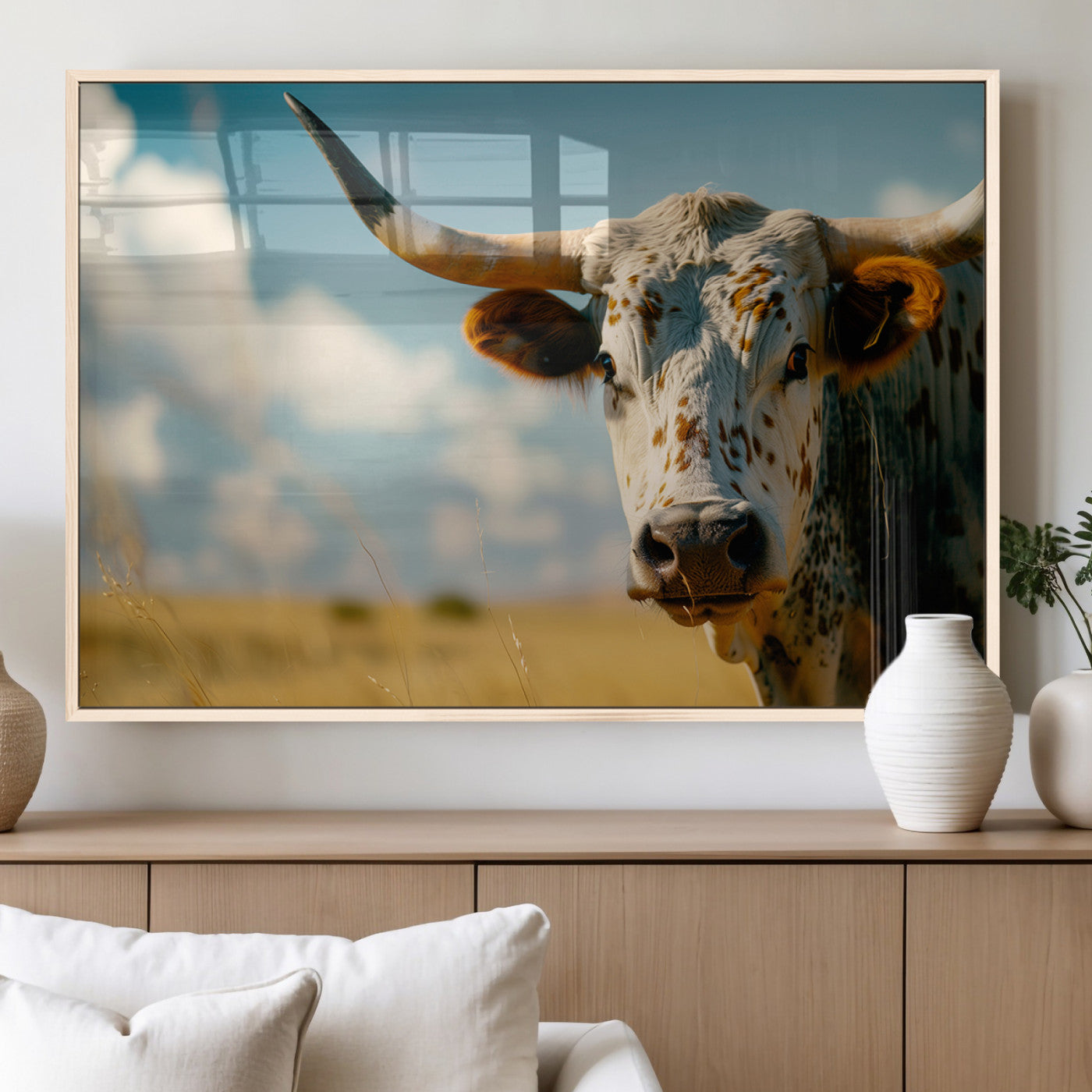 MGV-FP-60X30-3P - Longhorn in the Prairie - Stunning Ranch-Style Triptych Wall Art for Western Home Decor, Cowboy Wall
