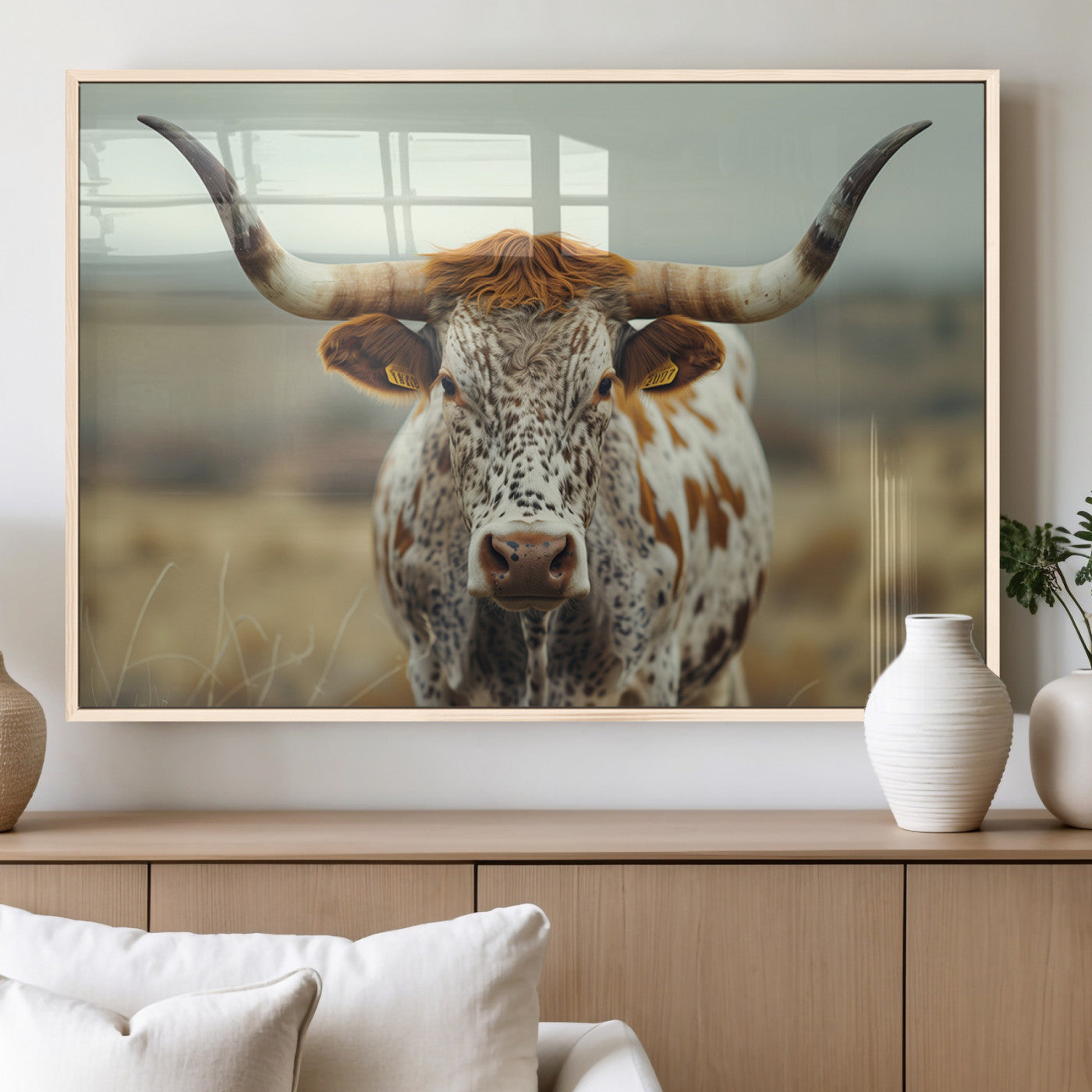 MGV-FP-60X30-3P - Texas Cow Longhorn Wall Art Canvas Print for Farm House Wall Decor, Farmhouse Wall Art Print