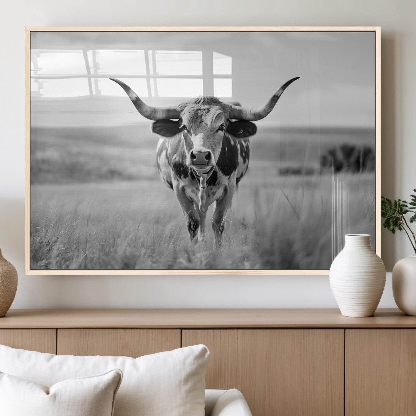 MGV-FP-60X30-3P - Texas Cow Longhorn Wall Art Canvas Print for Farm House Wall Decor, Farmhouse Wall Art Print