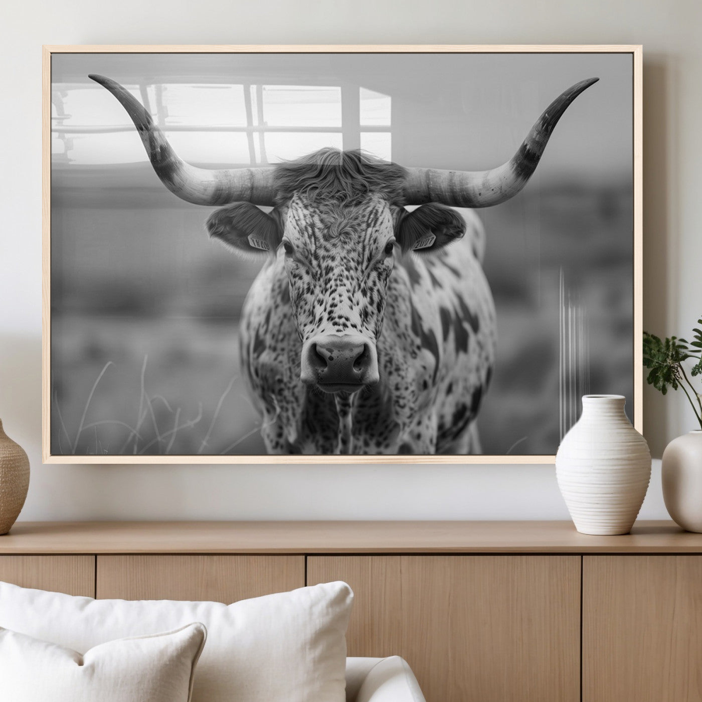 MGV-FP-60X30-3P - Texas Cow Longhorn Wall Art Canvas Print for Farm House Wall Decor, Farmhouse Wall Art Print
