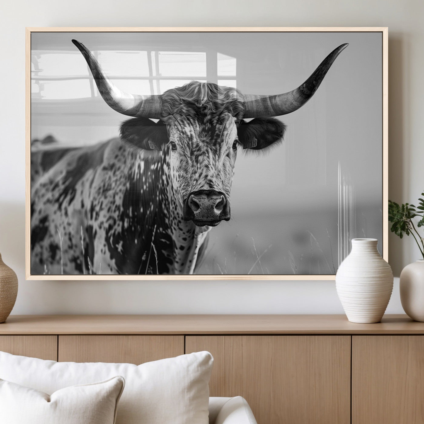 MGV-FP-60X30-3P - Texas Highland Cow Longhorn Canvas Print - Rustic Farmhouse Wall Art - Large Texas Longhorn