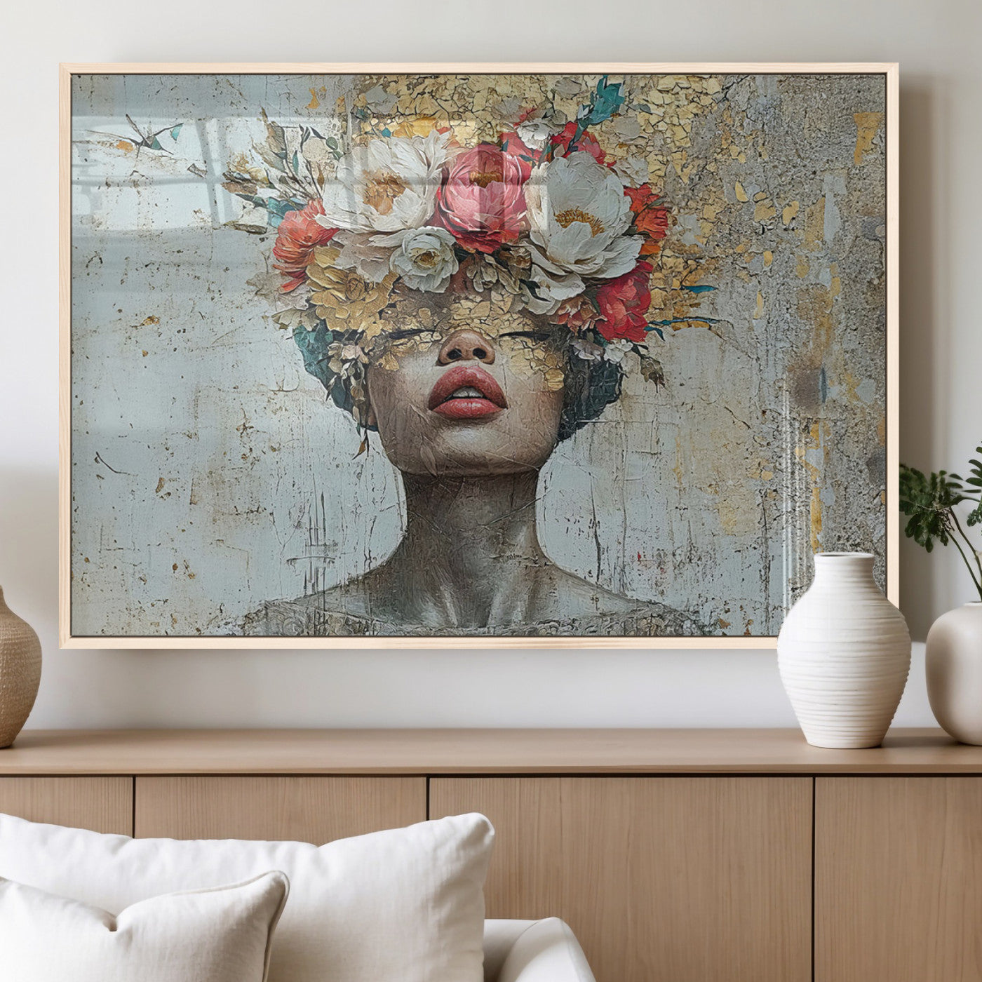 MGV-FP-60X30-3P - Golden Petal Wall Art Canvas Print - Silhouette Woman Wall Art Canvas Print, Floral Woman Portrait