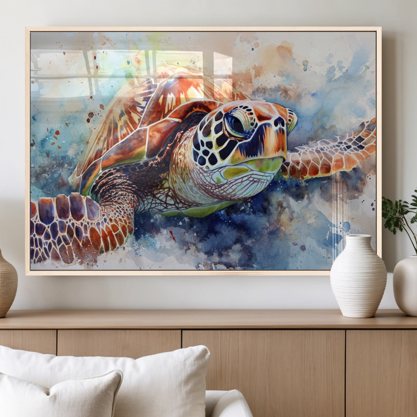 MGV-FP-60X30-3P - Watercolor Sea Turtle Wall Art Canvas Print - Vibrant Ocean Colors in Watercolor Style - Ready to