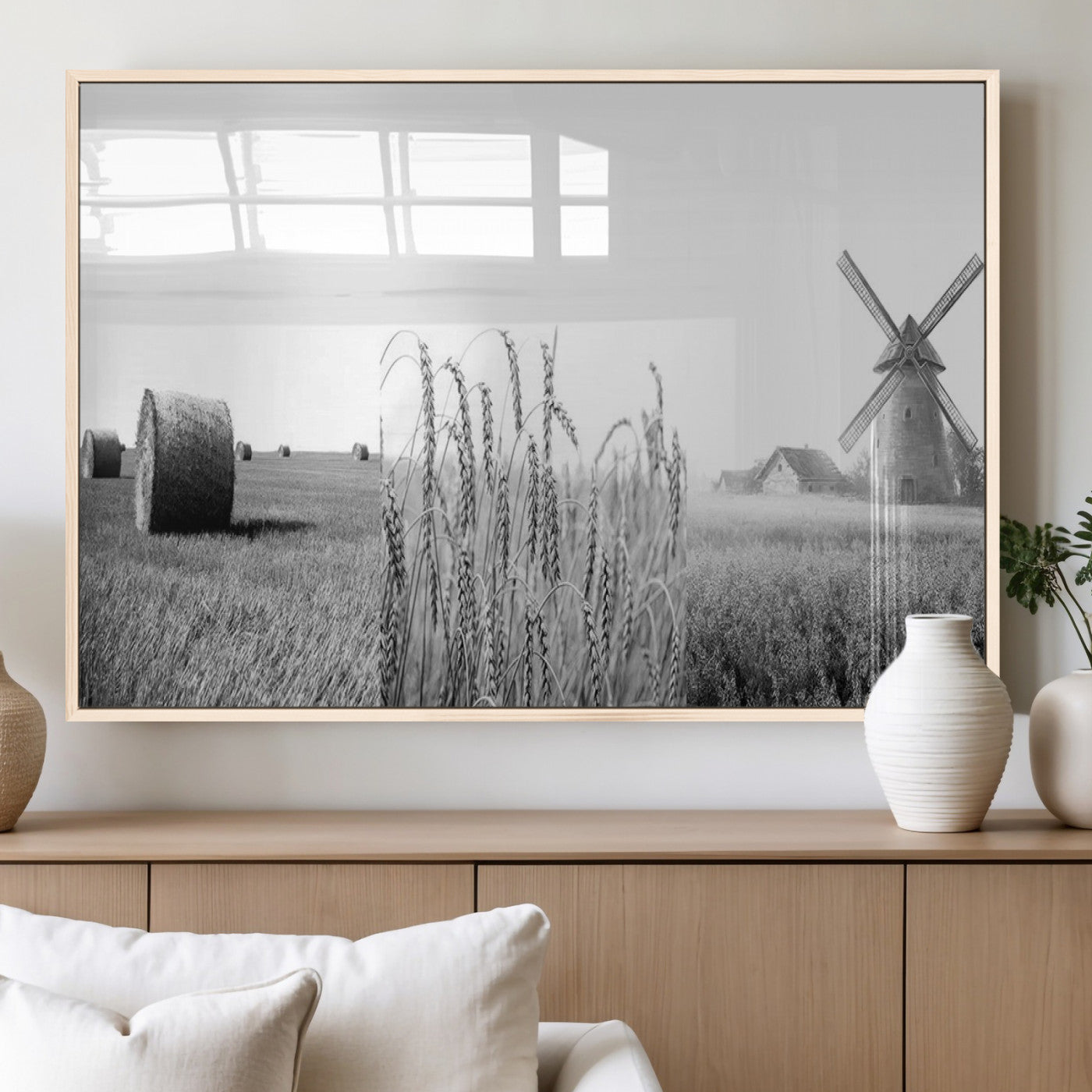 MGV-FP-60X30-3P - Vintage Farmhouse Black and White Triptych Wall Art – Giclee Canvas Featuring Wheat Fields, Hay