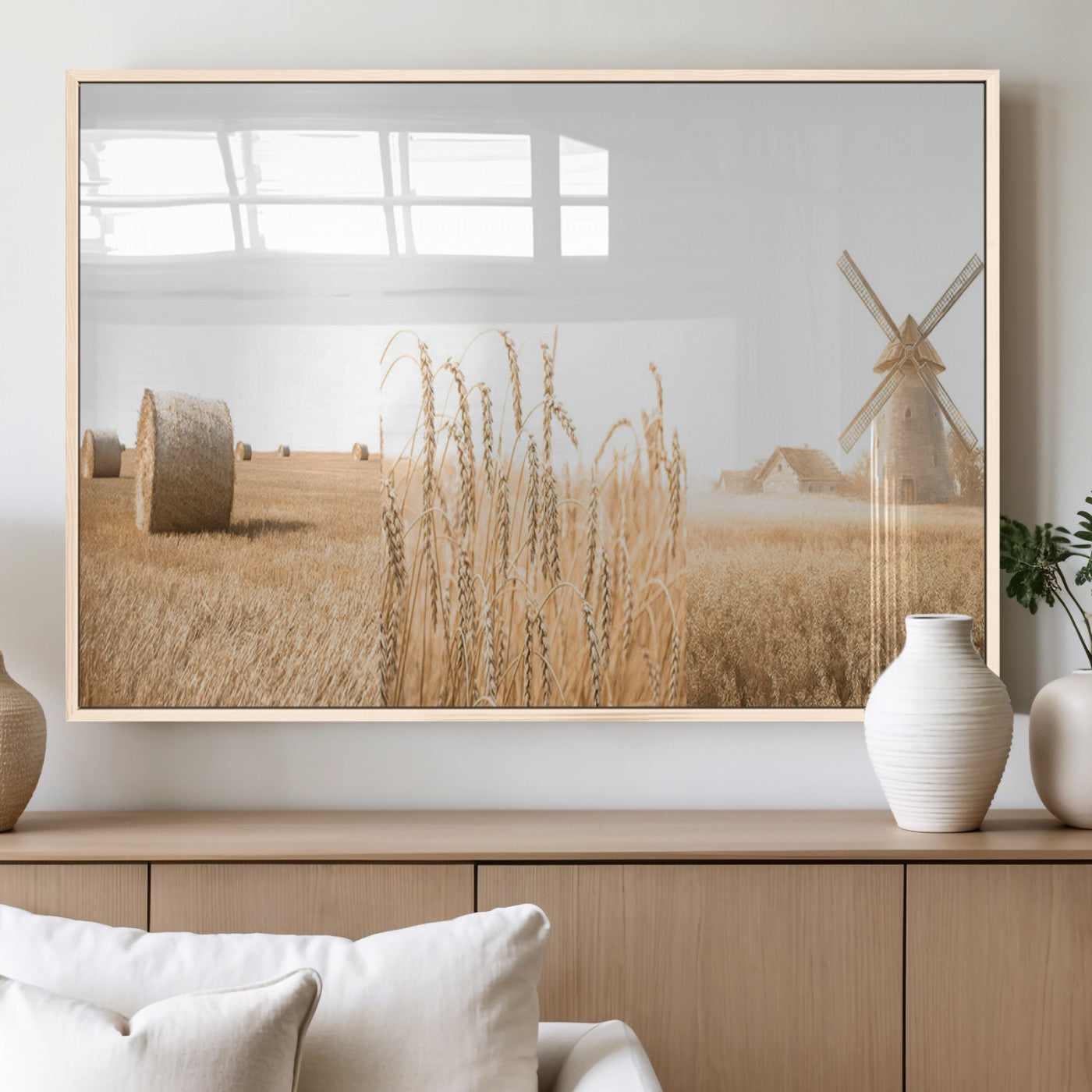 MGV-FP-36X24-3P - Vintage Farmhouse Triptych Wall Art – Giclée Canvas Featuring Wheat Fields, Hay Bales, and a