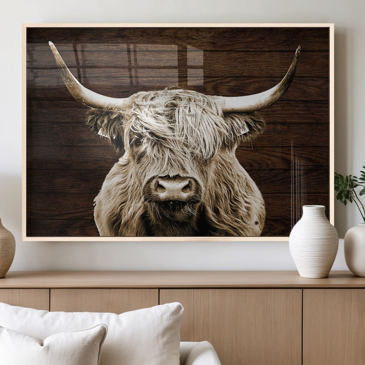 MGV-FP-60X30-3P - Highland Cow Wall Art Canvas Print, Rustic Farmhouse Decor, Majestic Scottish Highland Bull Portrait