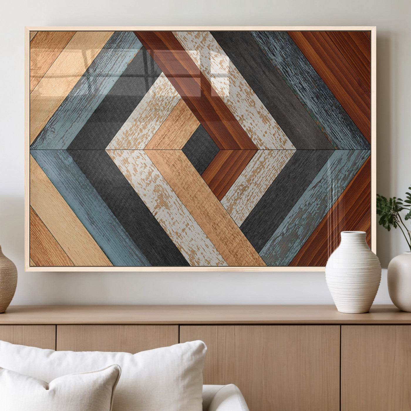 MGV-FP-60X30-3P - Geometric Wood Art Wall Decor Canvas Print, Rustic Wooden Pattern Triptych Wall Art for Living Room