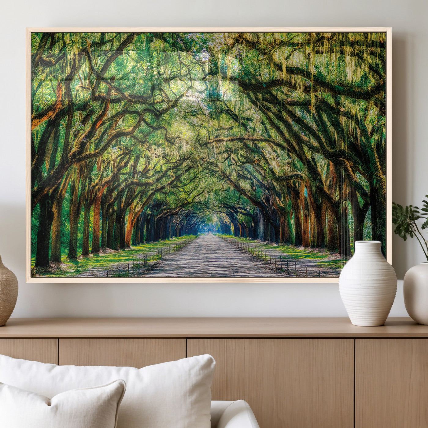 MGV-FP-60X30-3P - Serene Tree Tunnel Wall Art Canvas Print – Pathway Under Canopy of Lush Green Trees, Nature-Inspired
