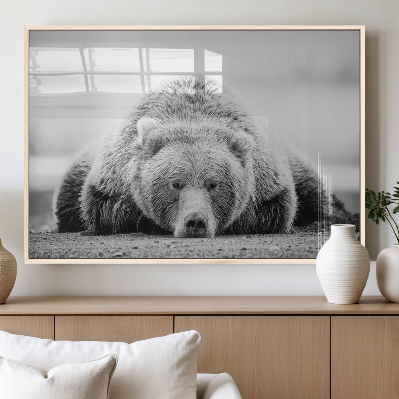 MGV-FP-60X30-3P - Resting Grizzly Bear Wall Art Canvas Print – Majestic Lazy Black and White Wildlife Bear Art,