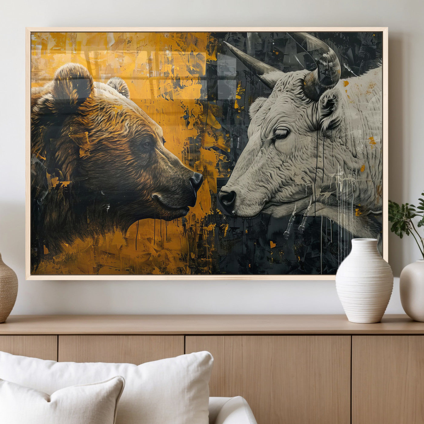 MGV-FP-60X30-3P - Bear and Bull Wall Art Canvas Print – Abstract Animal Portrait Painting for Modern Home Decor –
