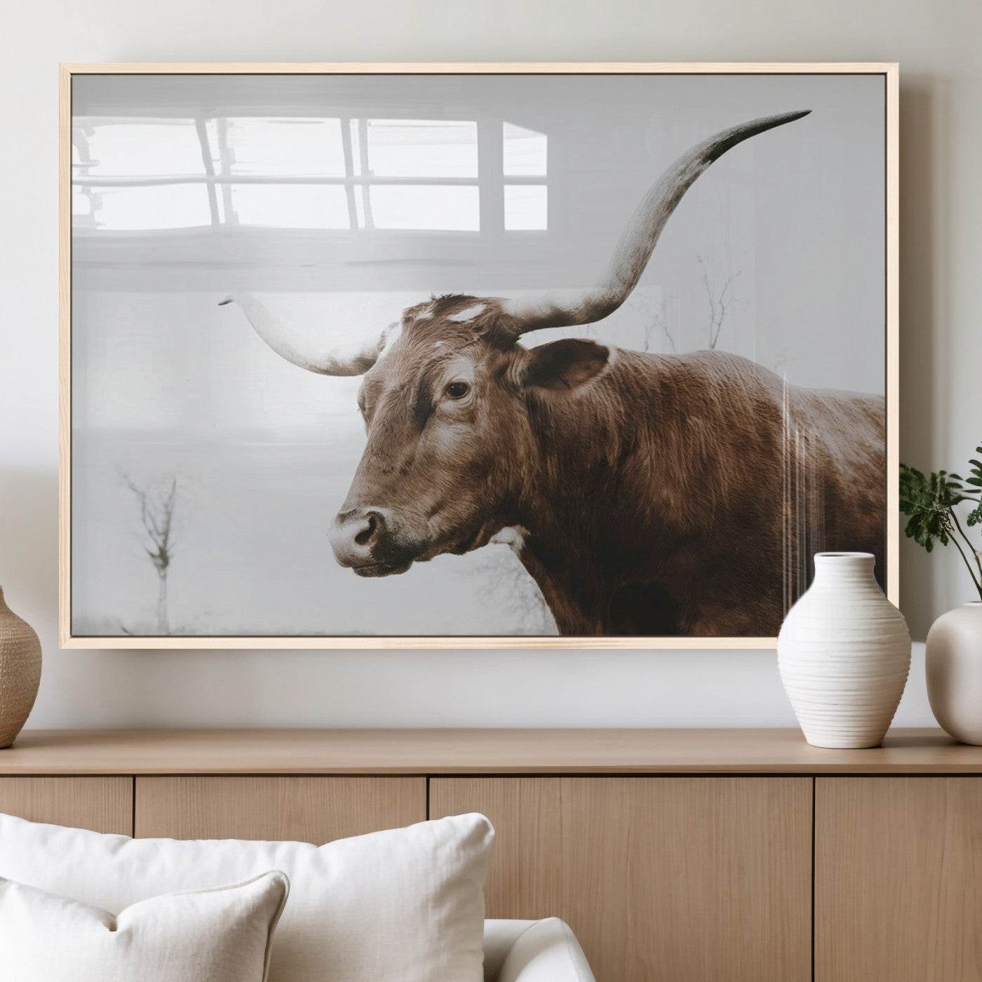 MGV-FP-60X30-3P - Rustic Bull Wall Art Canvas Print – Modern Longhorn Farmhouse Animal Decor – Abstract Farm Cow