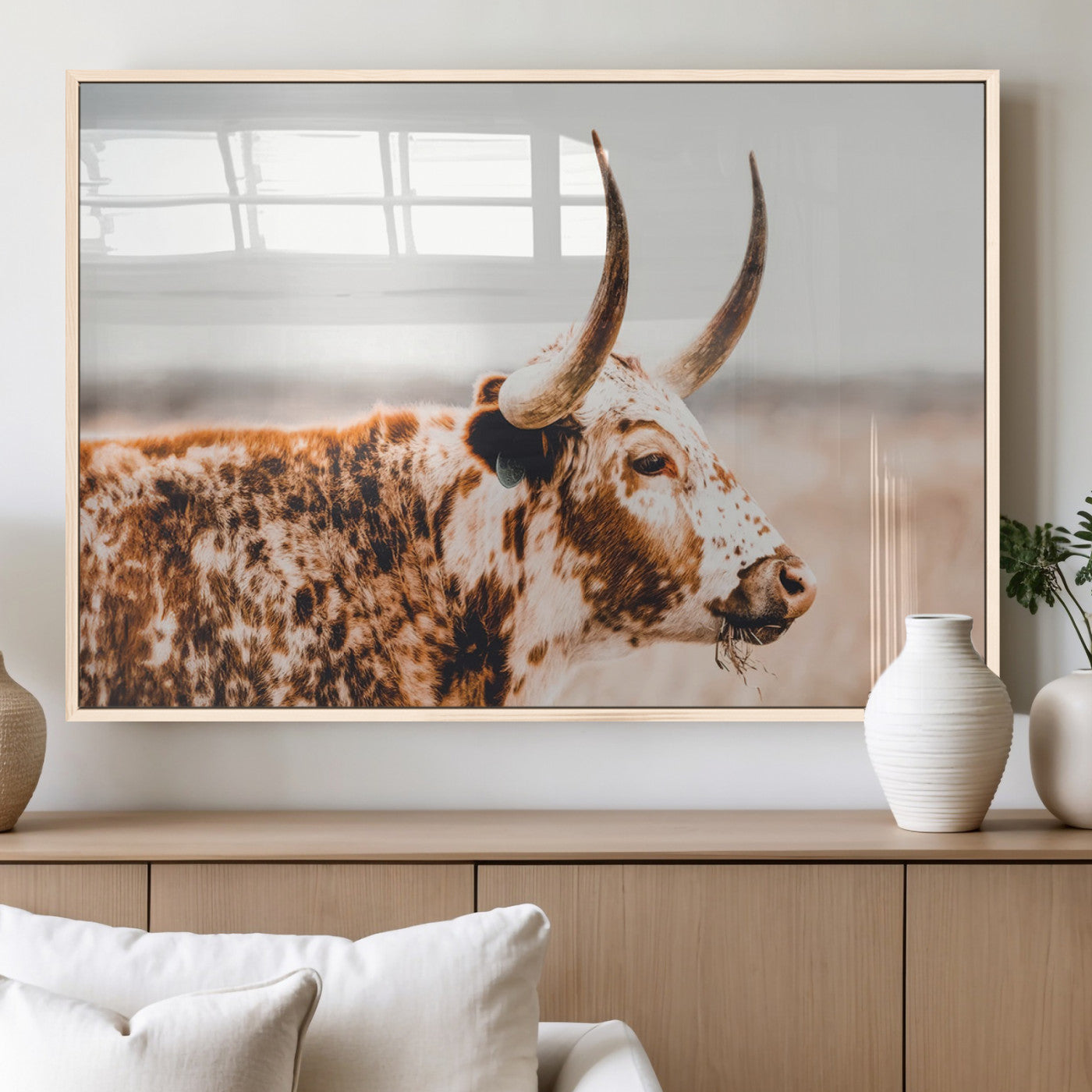 50356-MGV-FP-36X24-3P_Natural-Speckled Bull Wall Art Canvas Print – Rustic Cow Longhorn Farmhouse Animal Decor – Western Longhorn