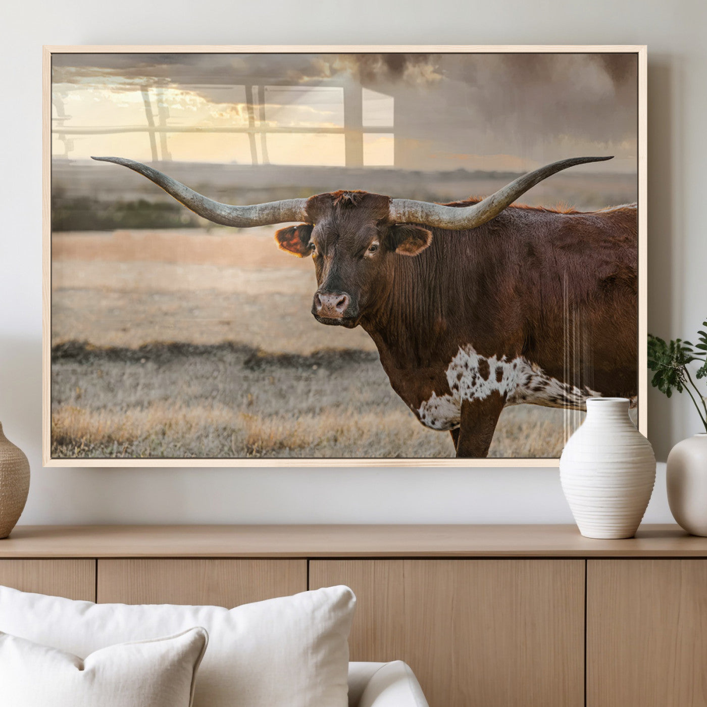 MGV-FP-60X30-3P - Texas Longhorn Wall Art Canvas Print, Rustic Ranch Decor, Majestic Western Longhorn Cattle