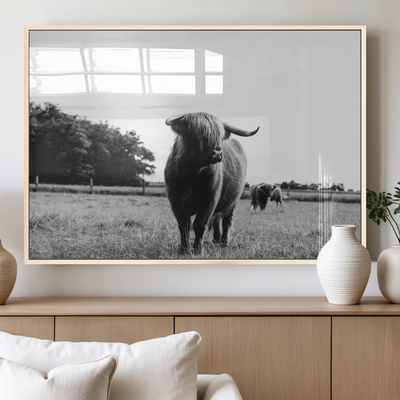 MGV-FP-60X30-3P - Black and White Highland Cow Wall Art Canvas Print | Rustic Western Decor for Living Room or Office,