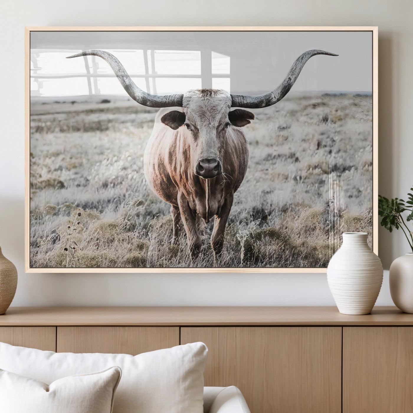 26121-MGV-FP-36X24-3P_Natural-Rustic Texas Longhorn Wall Art Canvas Print | Western Farmhouse Decor for Living Room or Office,