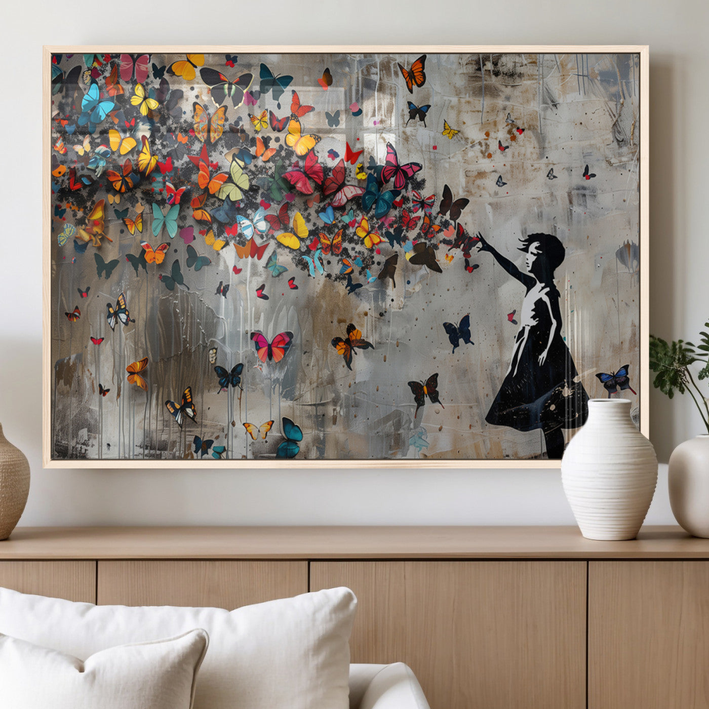 MGV-FP-60X30-3P - Banksy Wall Art - Banksy Girl and Butterfly Explosion Wall Art Canvas Print | Girl with Butterflies