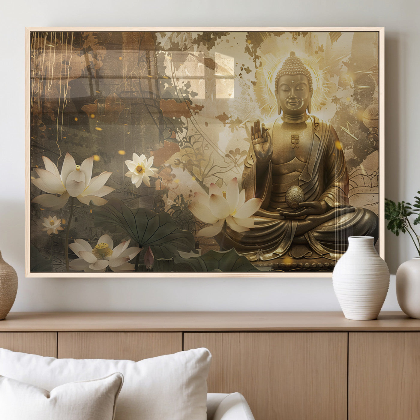MGV-FP-60X30-3P - Zen Buddha Wall Art Canvas Print | Peaceful Meditation Decor with Lotus Flowers | Spiritual Serenity
