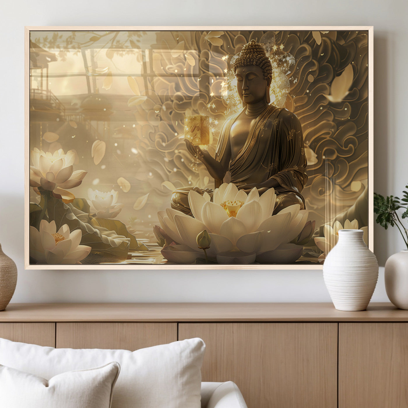 MGV-FP-60X30-3P - Golden Buddha Wall Art | Yoga Room Decor and Meditation Room Wall Art | Framed and Ready to Hang