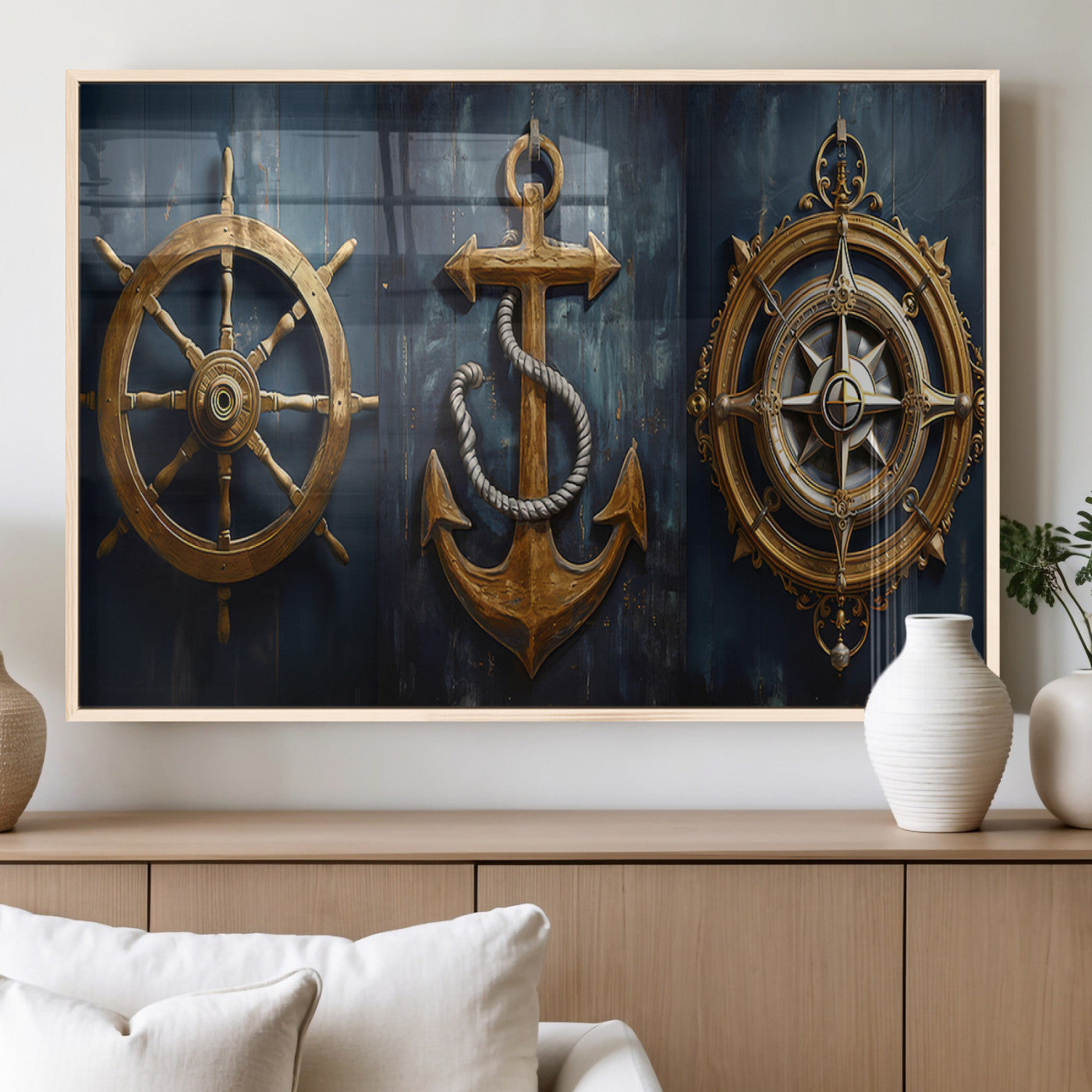 MGV-FP-60X30-3P - Boat Anchor Compass With Rope Wall Art Canvas Print | Beach House Wall Art