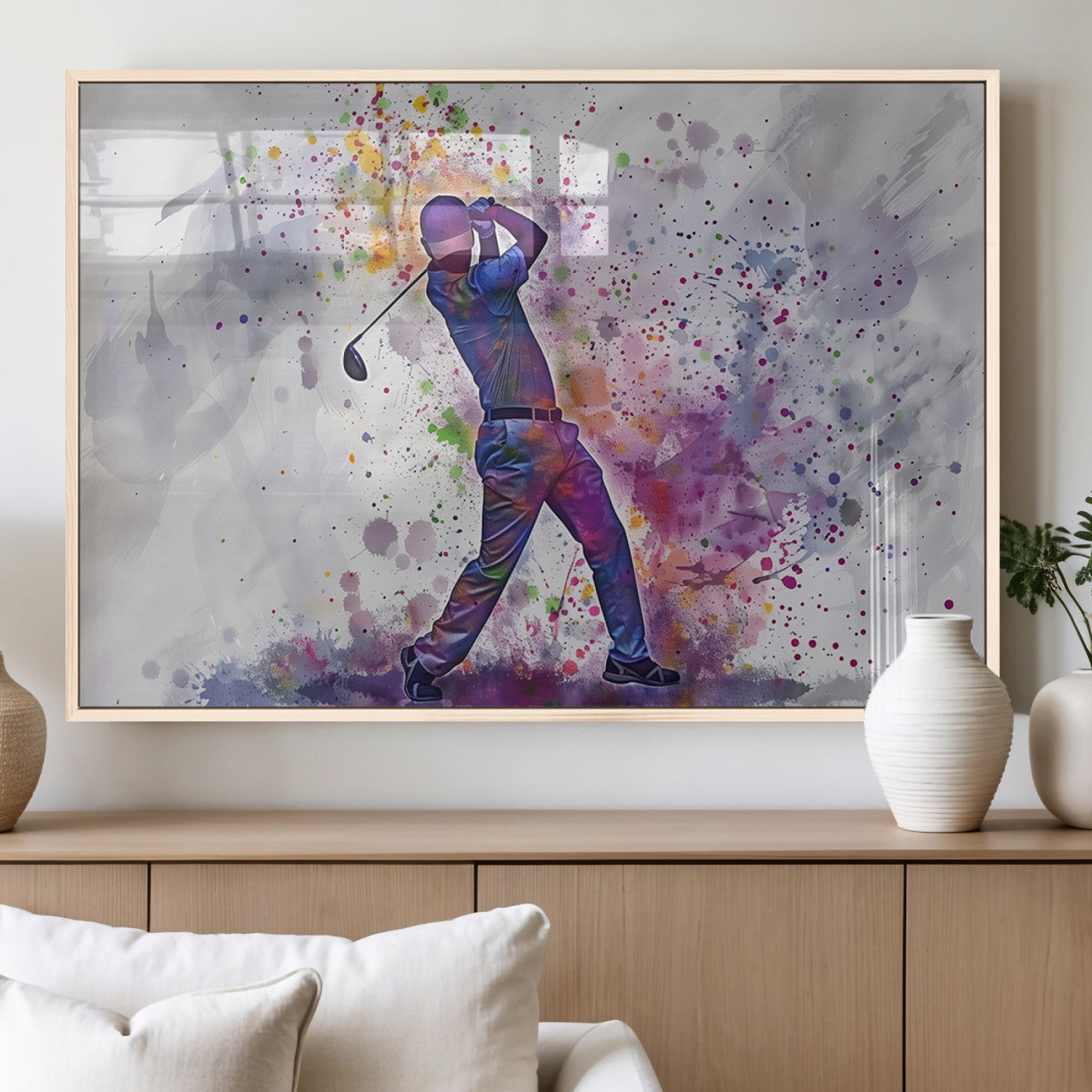 MGV-FP-60X30-3P - Watercolor Golf Swing Wall Art Canvas Print | Vibrant Abstract Golf Player Silhouette |